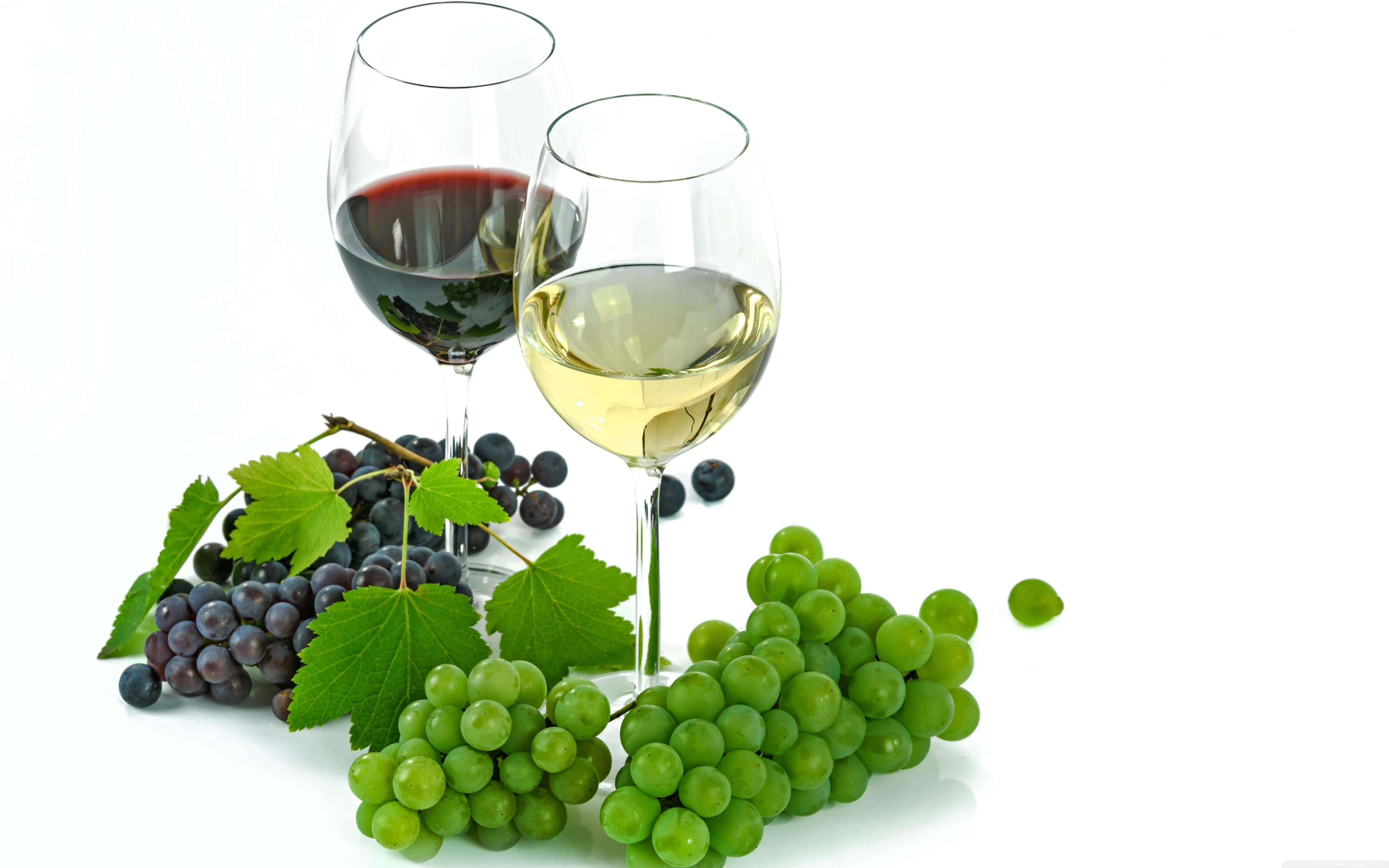 White Wine 桌布 壁紙 — 兩個裝滿紅酒和白酒的酒杯放在白色背景上，旁邊有綠色和紫色葡萄串及葉子。