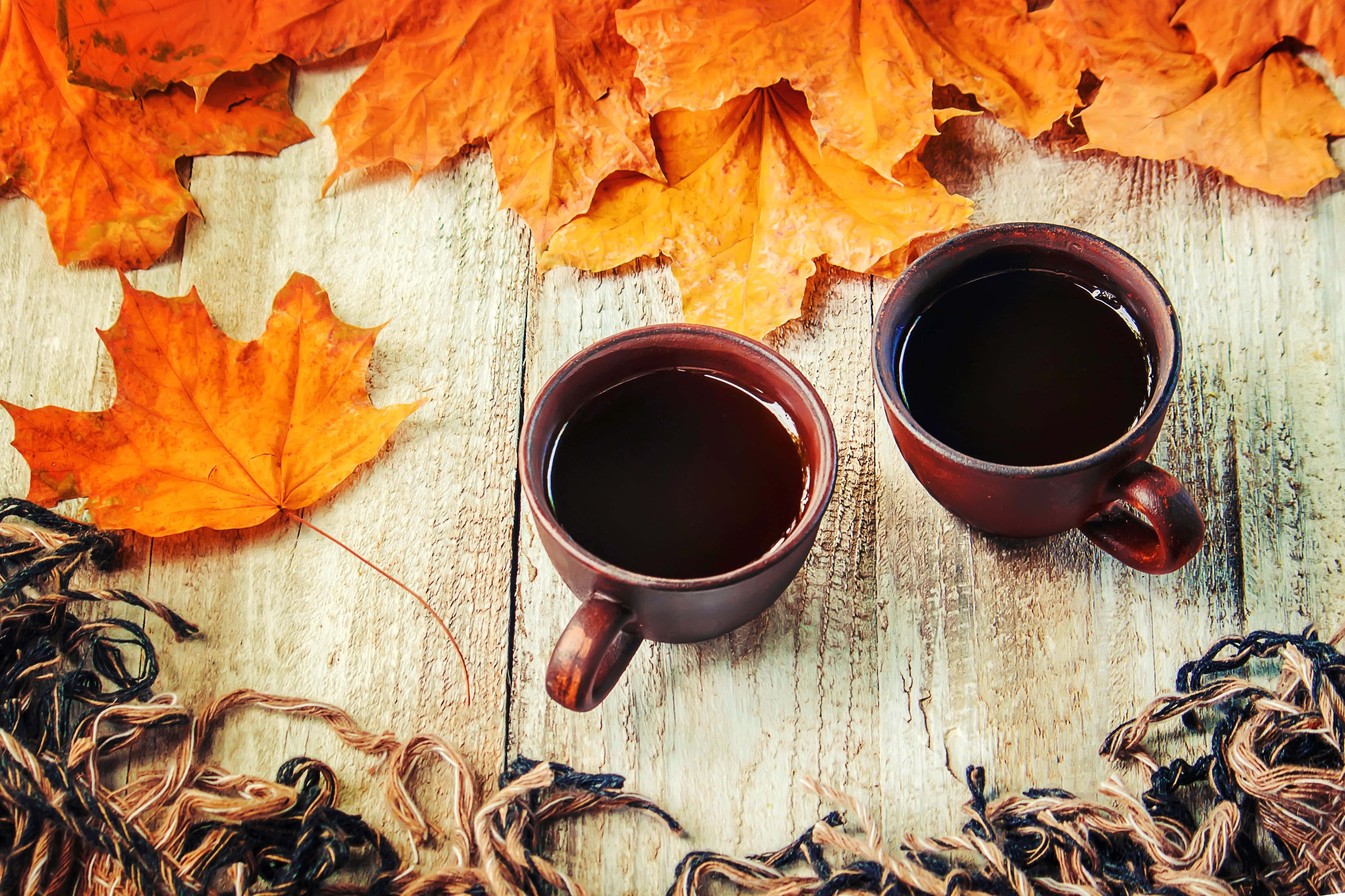 Autumn Food 桌布 壁紙 — 兩個裝滿黑咖啡的鄉村風格陶瓷馬克杯放在一張風化的木桌上，周圍環繞著鮮豔的橙色楓葉和一條針織圍巾。