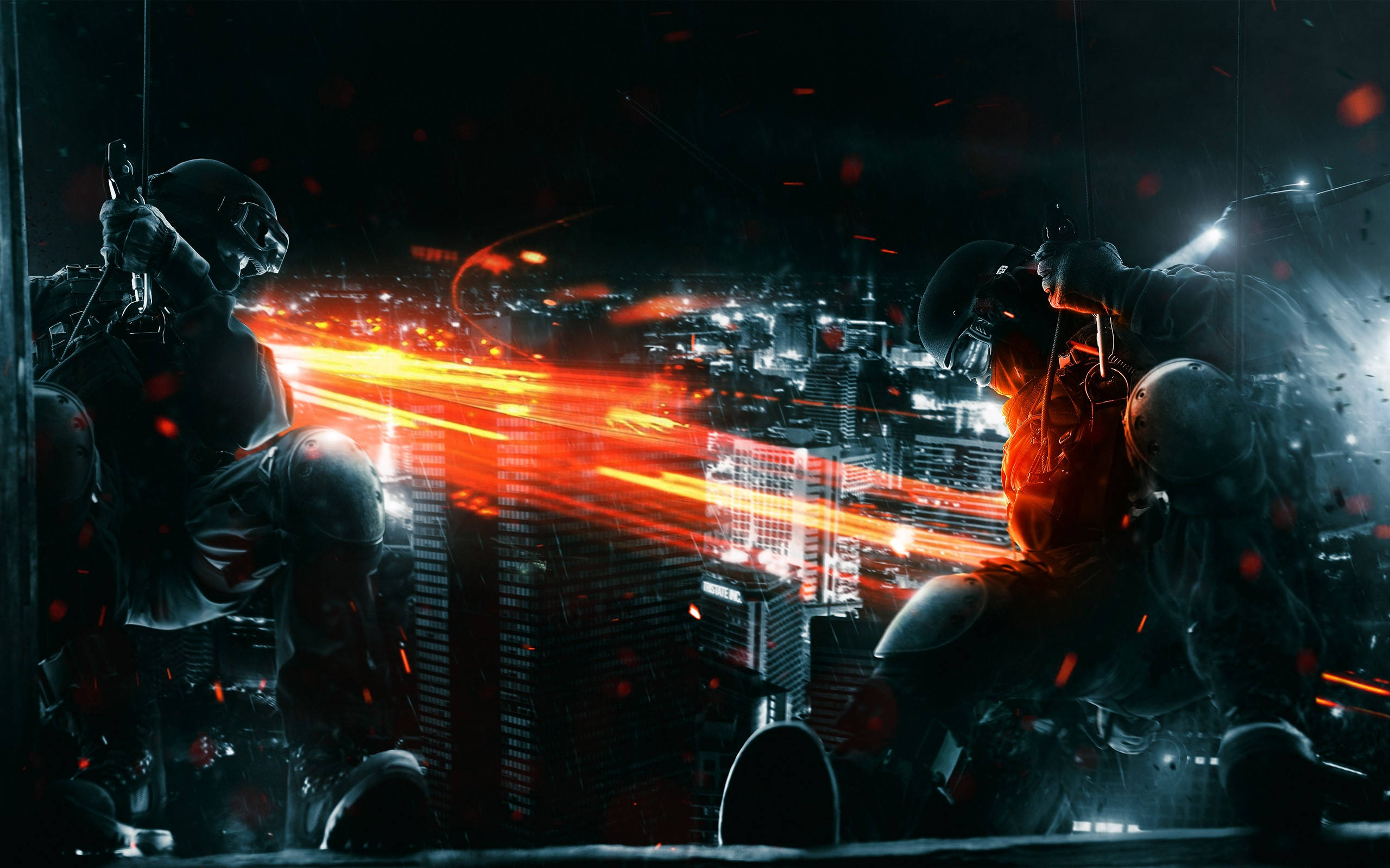 Battlefield 3 桌布 壁紙 — 兩個裝甲人物在夜間沿著霓虹燈照亮的城市景觀垂降，在飛濺的火花和發光的痕跡中發射能量武器。