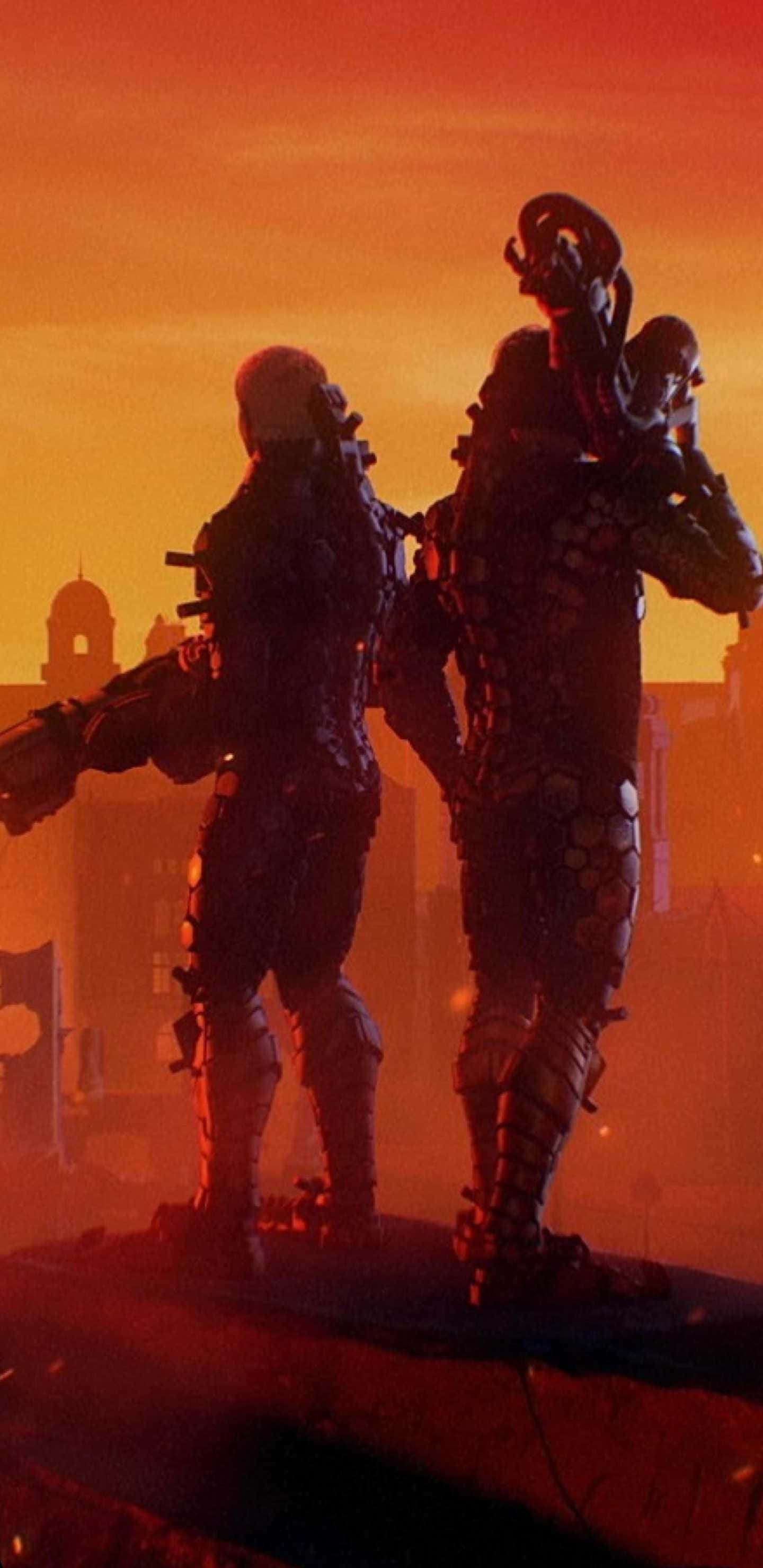 Pixel 3xl Wolfenstein Ii 桌布 壁紙 — 兩個裝甲人物在遠處城市天際線上方熾熱的橙色日落中形成剪影。