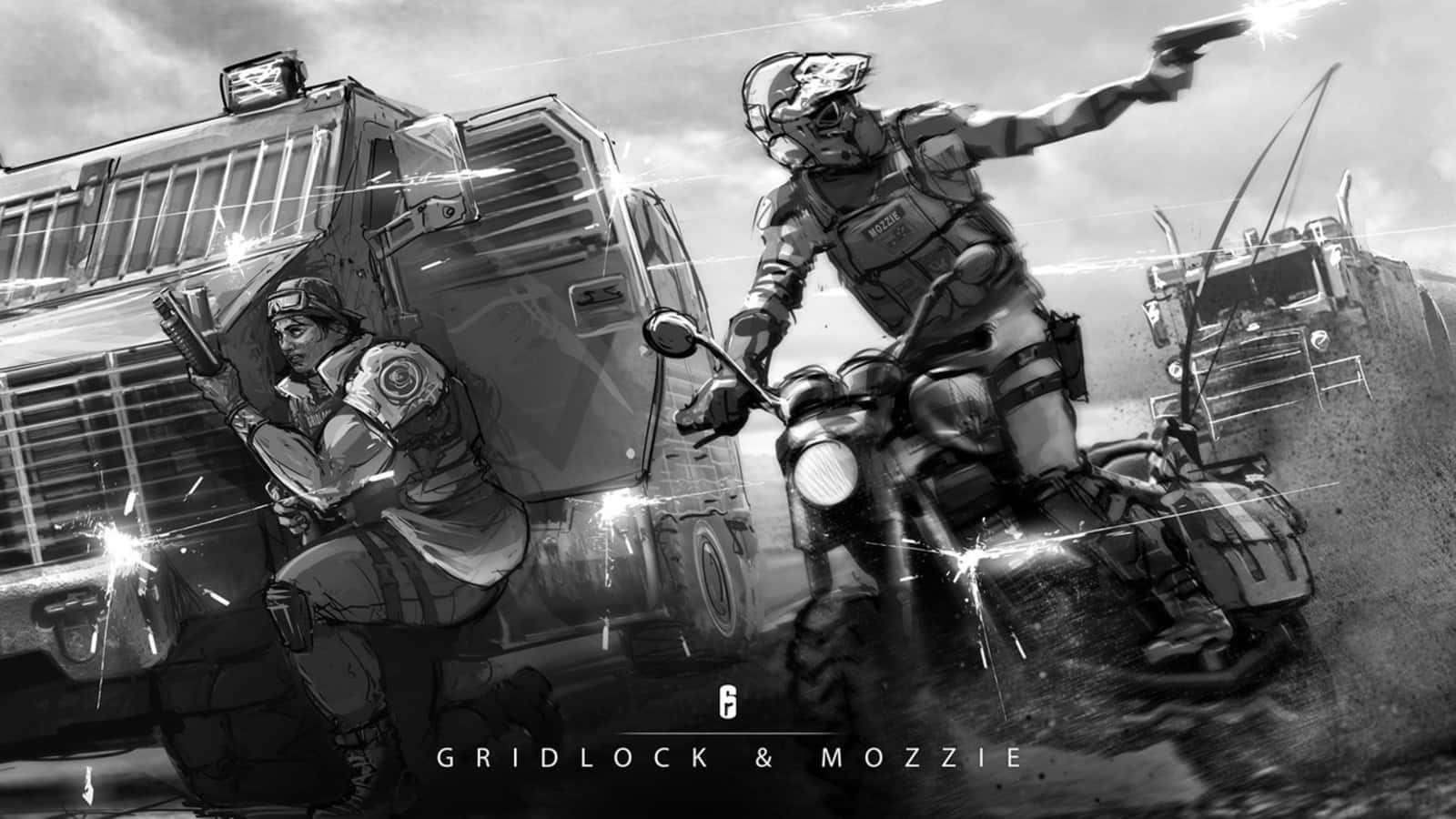 Rainbow Six Siege Mozzie 桌布 壁紙 — 兩個裝甲士兵在 gritty 黑白場景中，一個在摩托車上開槍，另一個蹲在一輛大卡車旁邊，火花四濺。