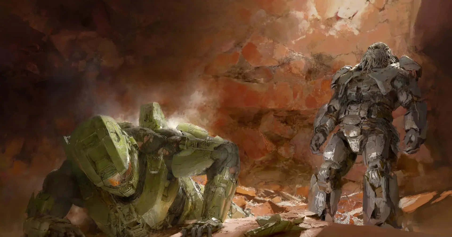 Halo Brutes 桌布 壁紙 — 兩個裝甲戰士在塵土飛揚的峽谷中，一個跪著，另一個站著，形成戲劇性的對峙。