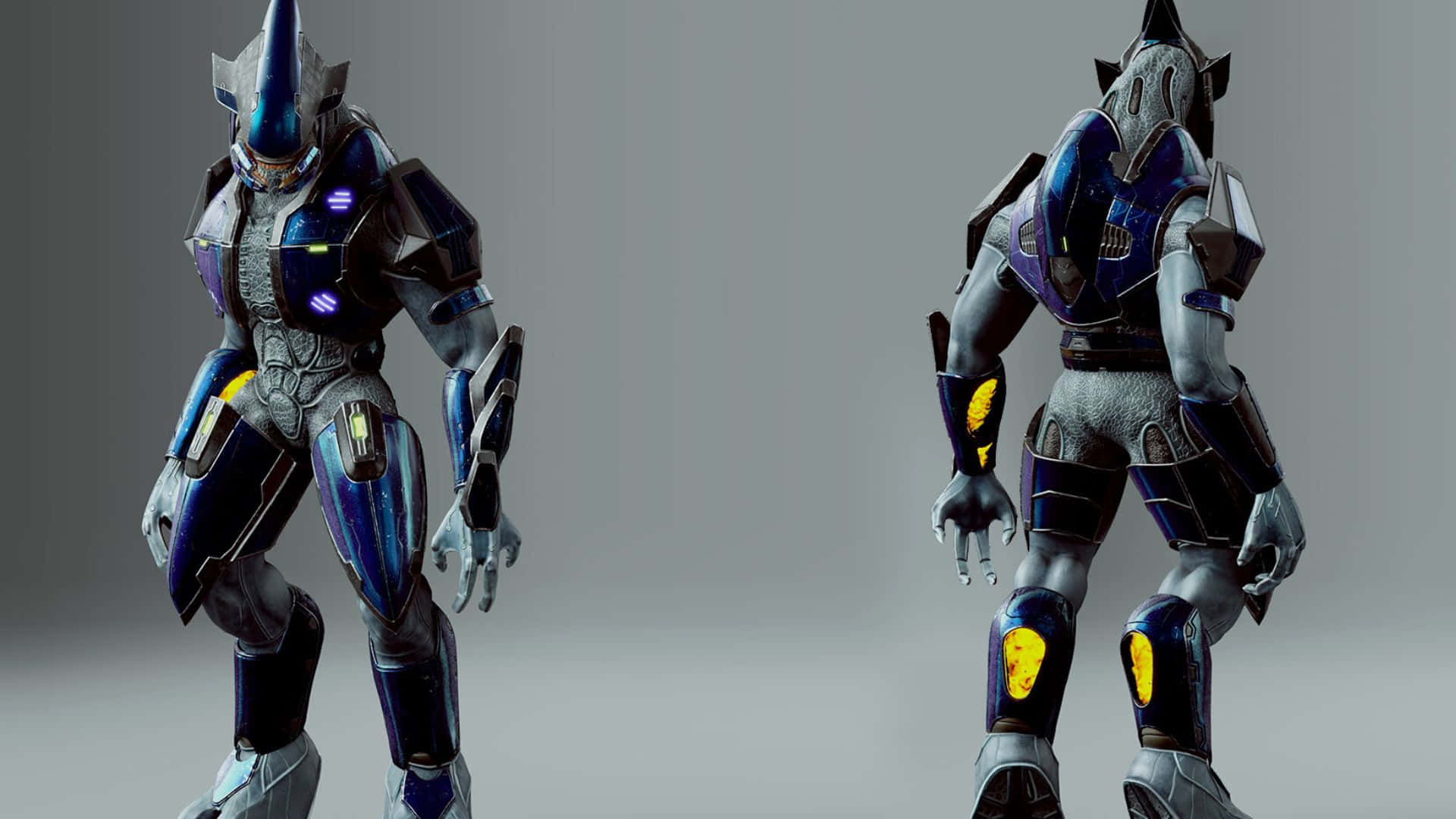 Sangheili 桌布 壁紙 — 兩個裝甲機器人形象，帶有發光的藍色和黃色點綴，面向相反方向，背景為純灰色。