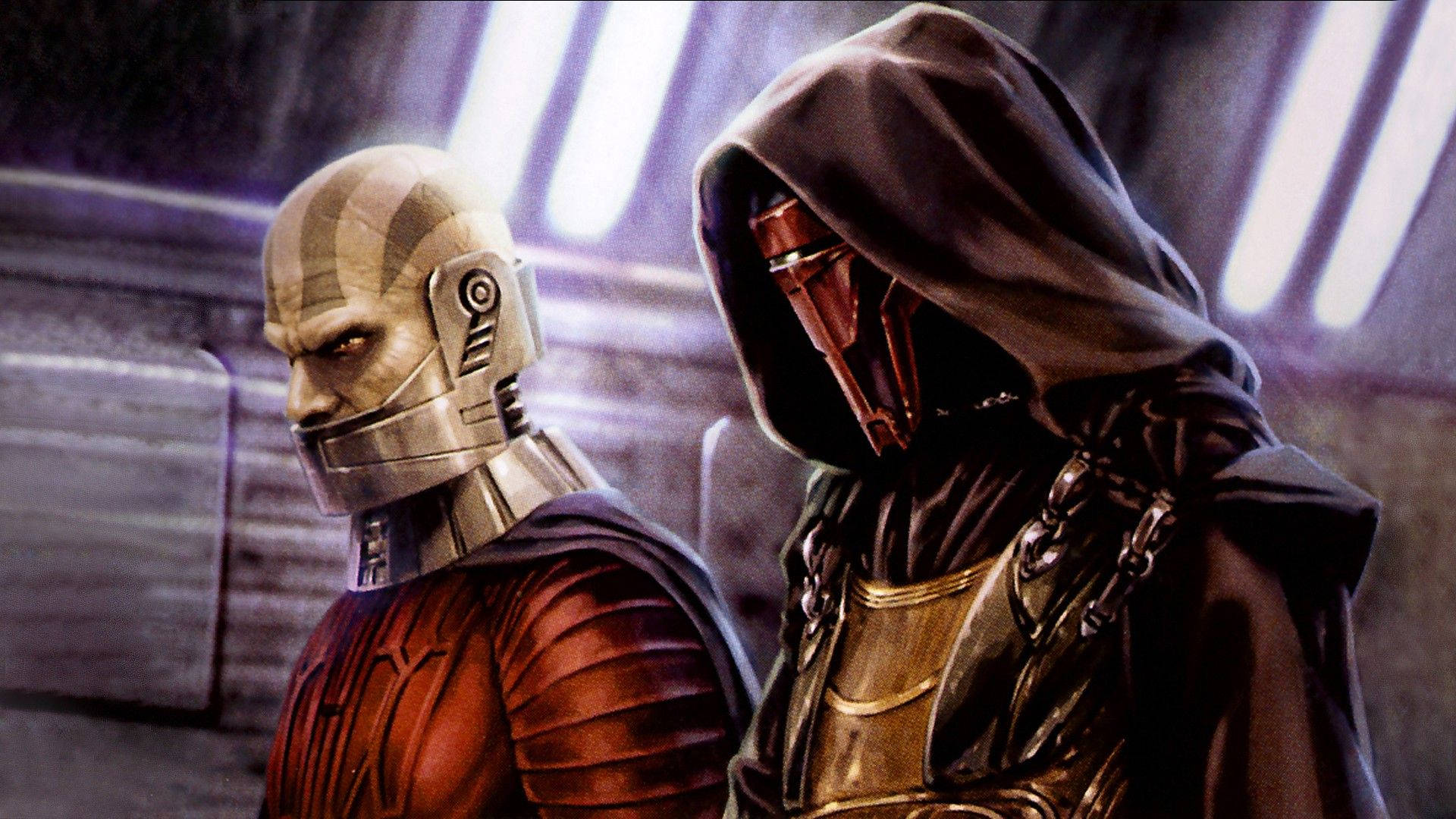 Revan 桌布 壁紙 — 兩個裝甲科幻角色站在一條光線昏暗的走廊中，身後有發光的垂直燈光。