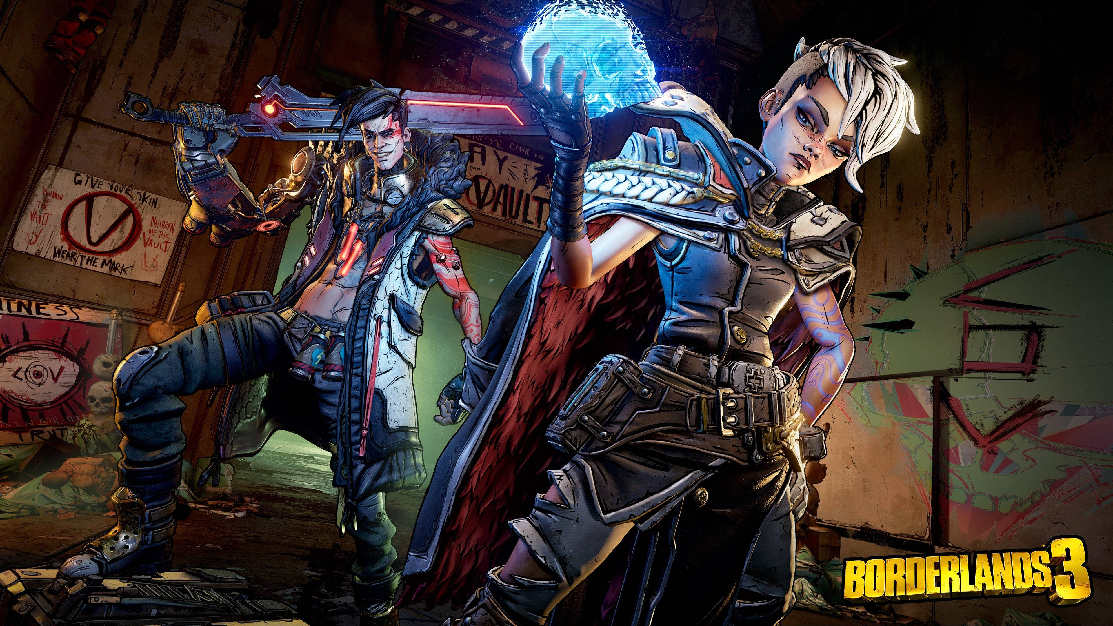 Borderlands 桌布 壁紙 — 兩個裝甲角色在一個骯髒、佈滿塗鴉的房間裡，一個揮舞著發光武器，另一個拿著藍色能量球。