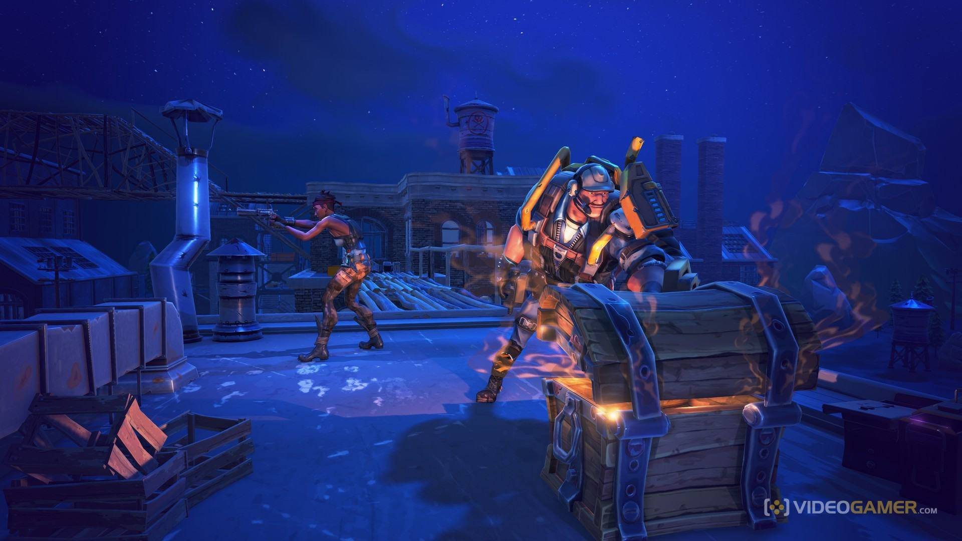 Fortnite 桌布 壁紙 — 兩個裝甲角色在星空下的屋頂上戰鬥，伴隨著發光的橙色能量效果。