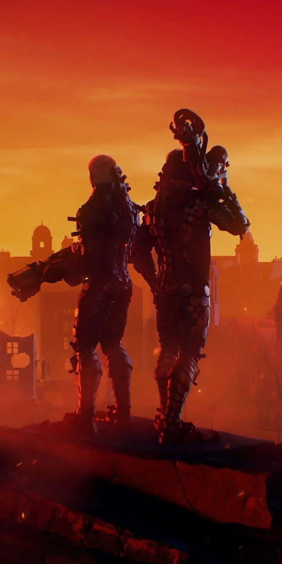 Pixel 3 Wolfenstein Ii 桌布 壁紙 — 兩個裝甲身影在屋頂上形成剪影，背景是城市天際線上熾熱的橙色日落。