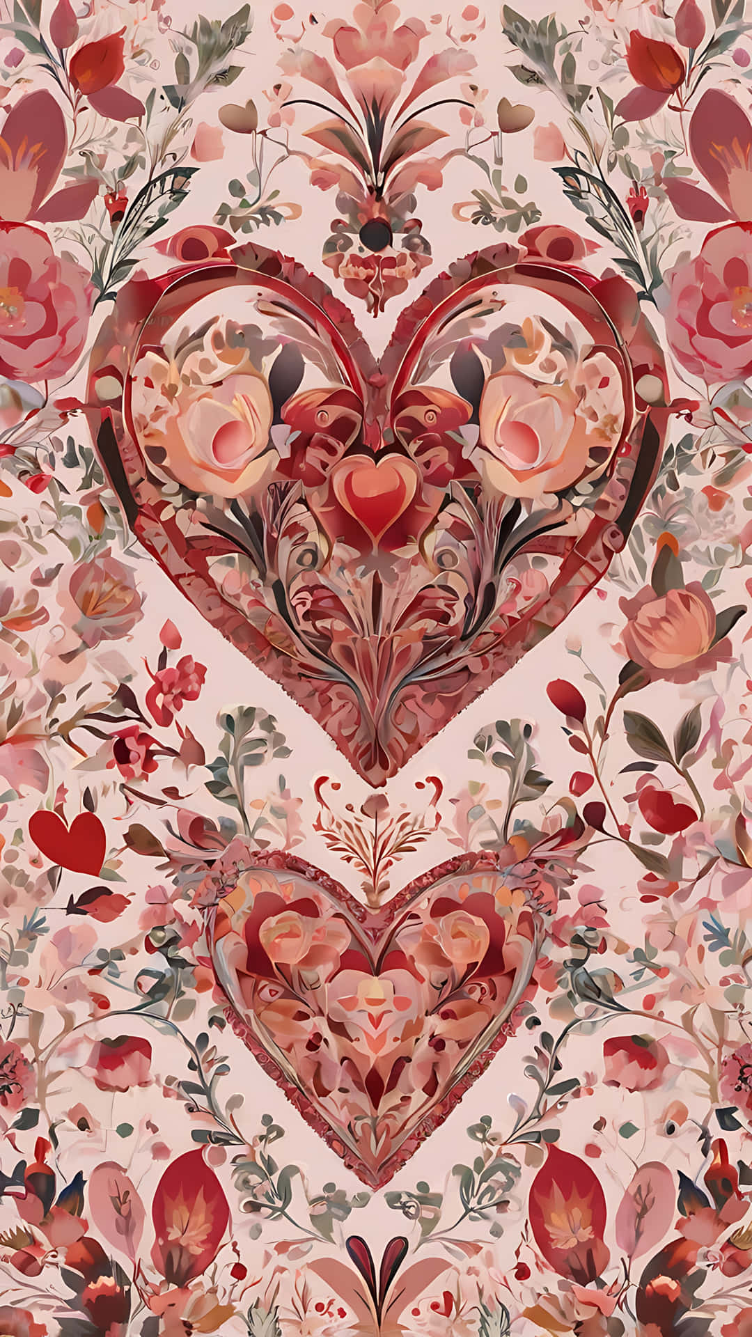 Floral Hearts for Lovebirds. smartphone wallpaper 壁紙 — 兩個裝飾性對稱的心形，充滿玫瑰和藤蔓，在柔和的粉紅色花卉背景上綻放。