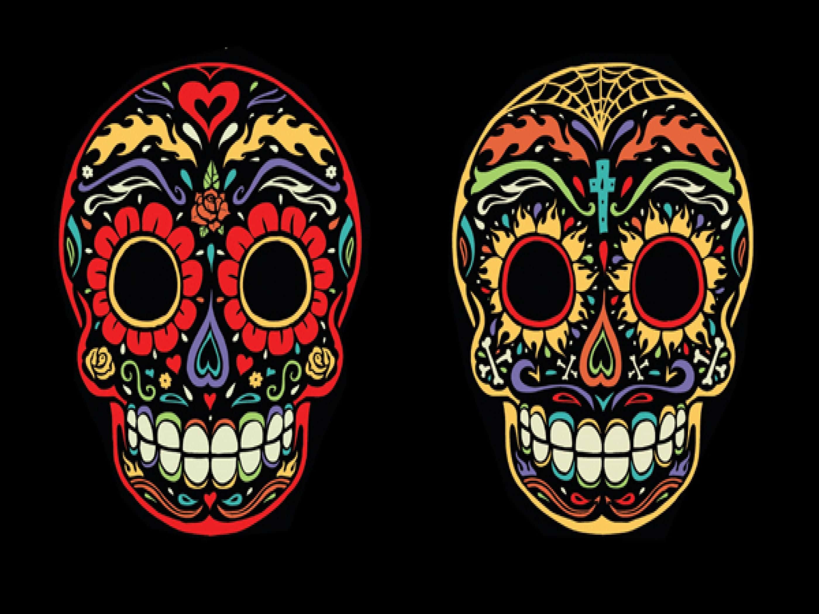 Day Of The Dead 桌布 壁紙 — 兩個裝飾鮮豔的糖骷髏，帶有花卉圖案和十字架，背景為黑色。