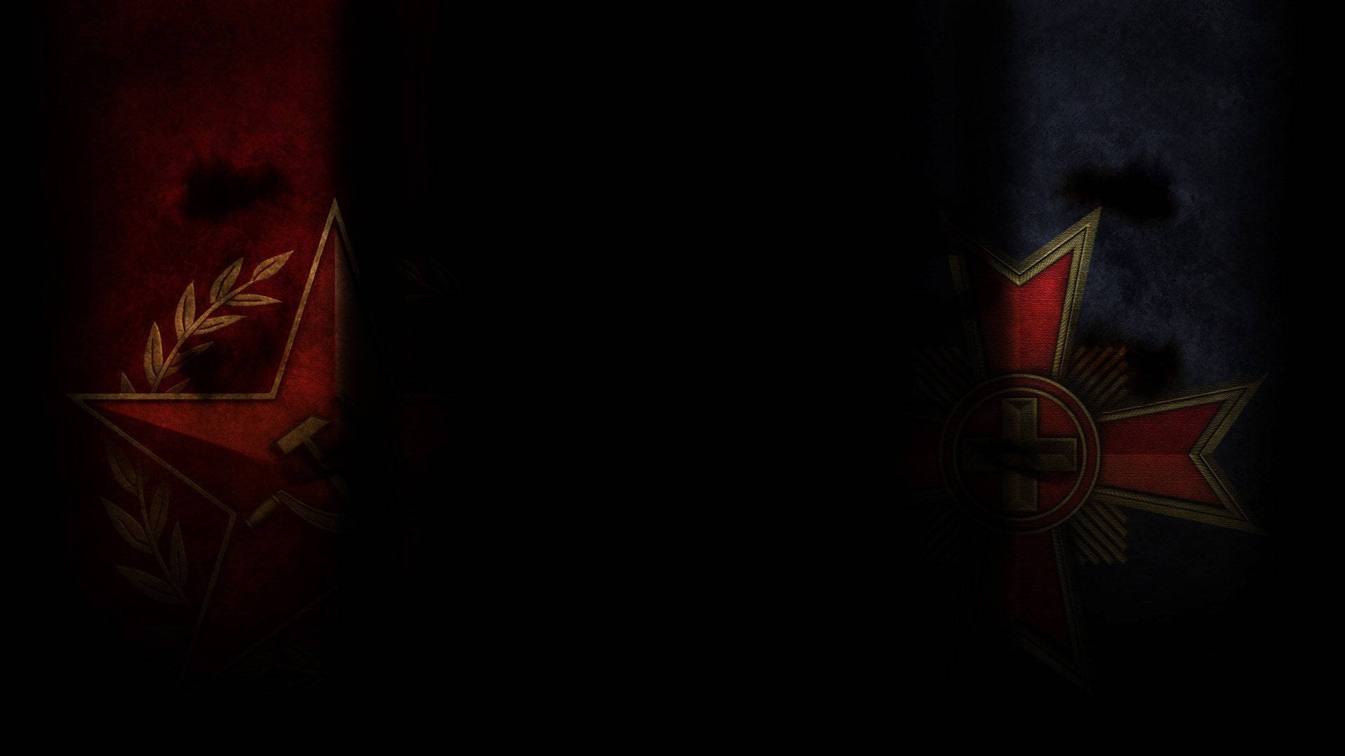 heroes 桌布 壁紙 — 兩個褪色的紅色軍事徽章在深色紋理背景上隱約發光，一個星形帶月桂花環，另一個十字形帶中央徽章。