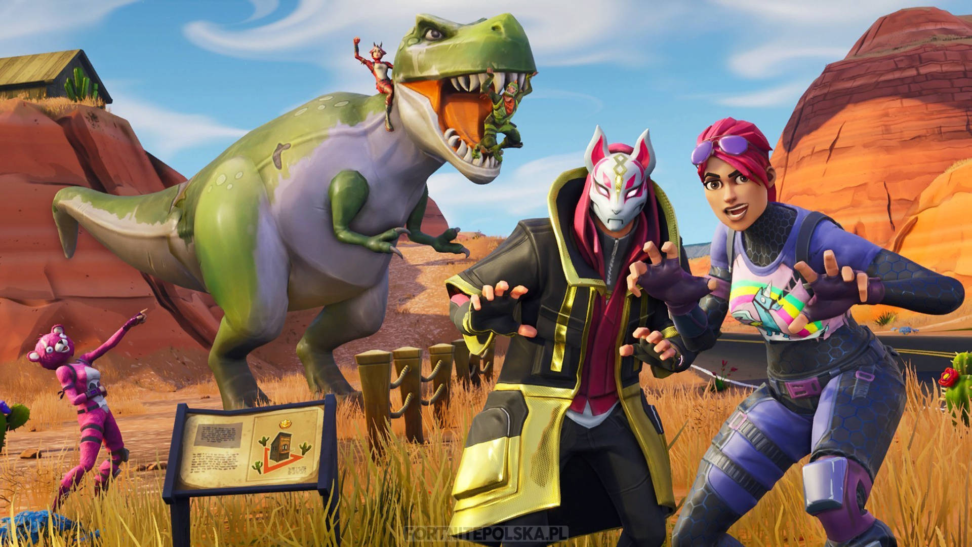 Fortnite Battle Royale 桌布 壁紙 — 兩個要塞英雄角色在紅色岩層的沙漠峽谷中，在一隻咆哮的綠色暴龍旁邊動態擺姿勢。