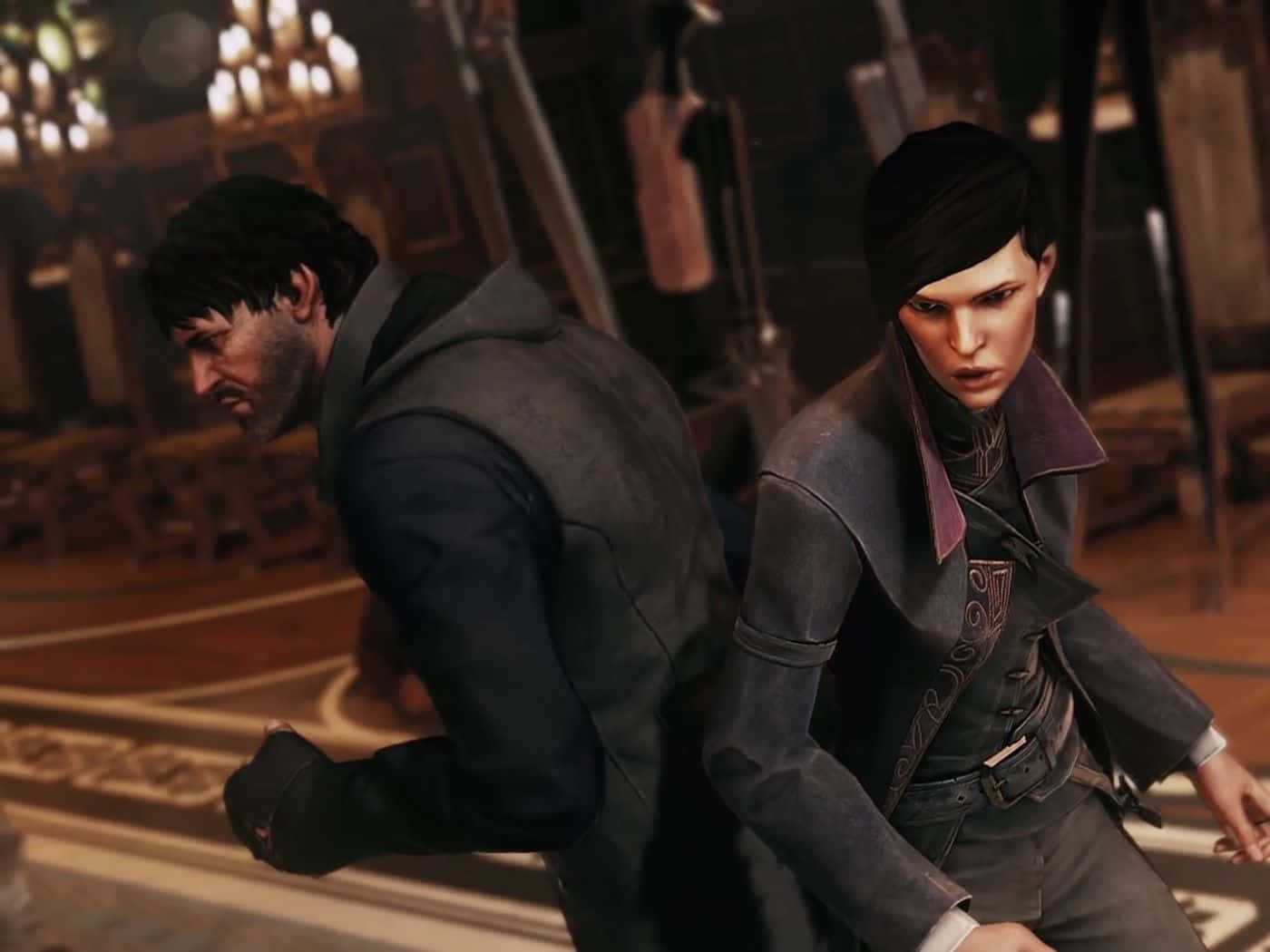 video games 桌布 壁紙 — 兩個角色在一個光線昏暗、裝飾華麗的房間裡，有燭光和木地板。
