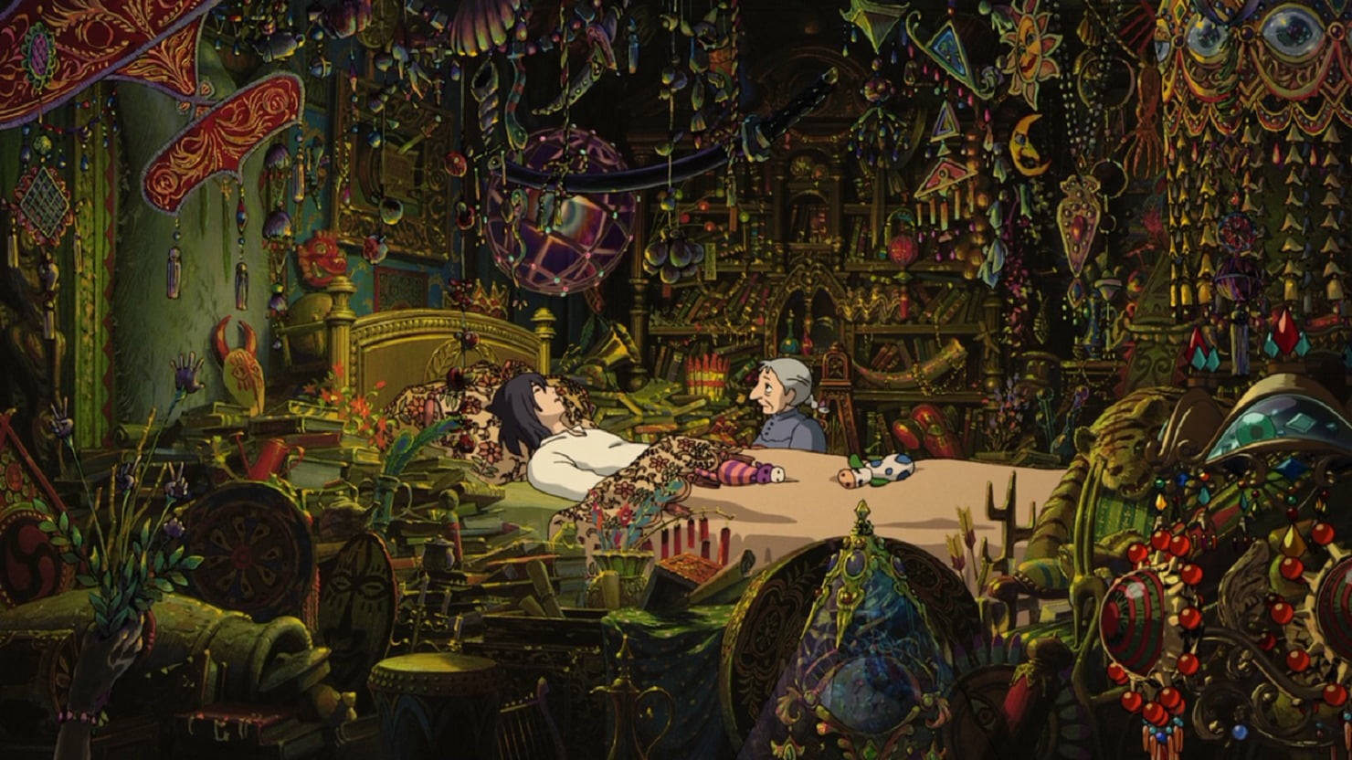 Studio 桌布 壁紙 — 兩個角色在一個裝飾華麗、雜亂的房間裡休息，房間裡掛滿了裝飾品和複雜的圖案。