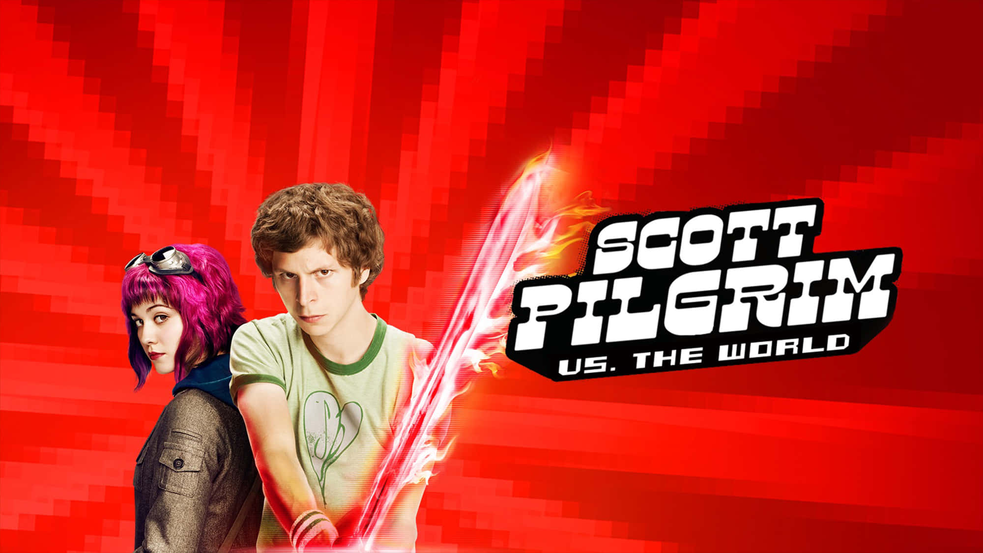 scott pilgrim 桌布 壁紙 — 兩個角色在像素化紅色背景上手持發光劍，帶有電影標題文字。
