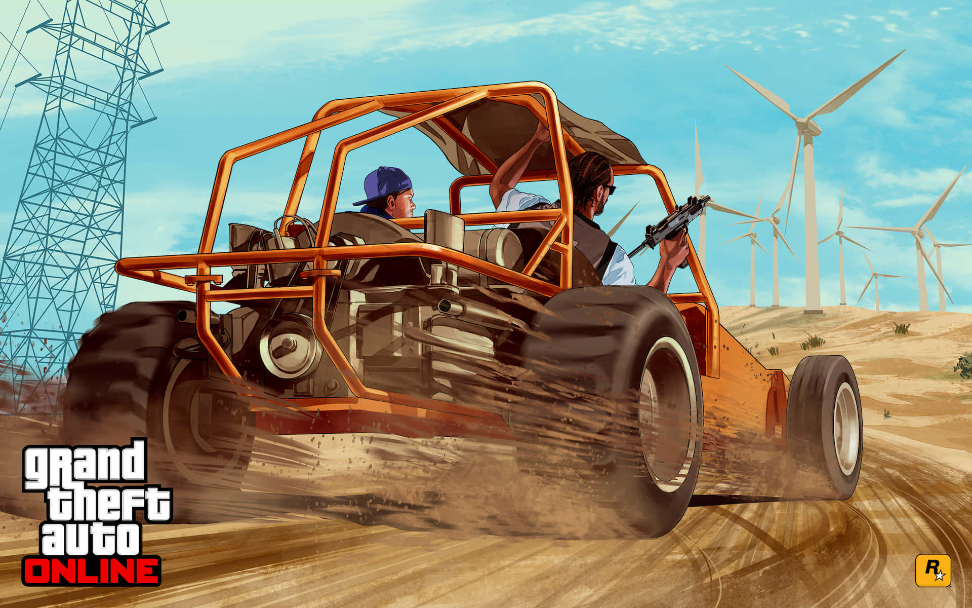Gta Online 桌布 壁紙 — 兩個角色在塵土飛揚的沙漠賽道上駕駛橙色沙灘車，背景有風力渦輪機和電線。