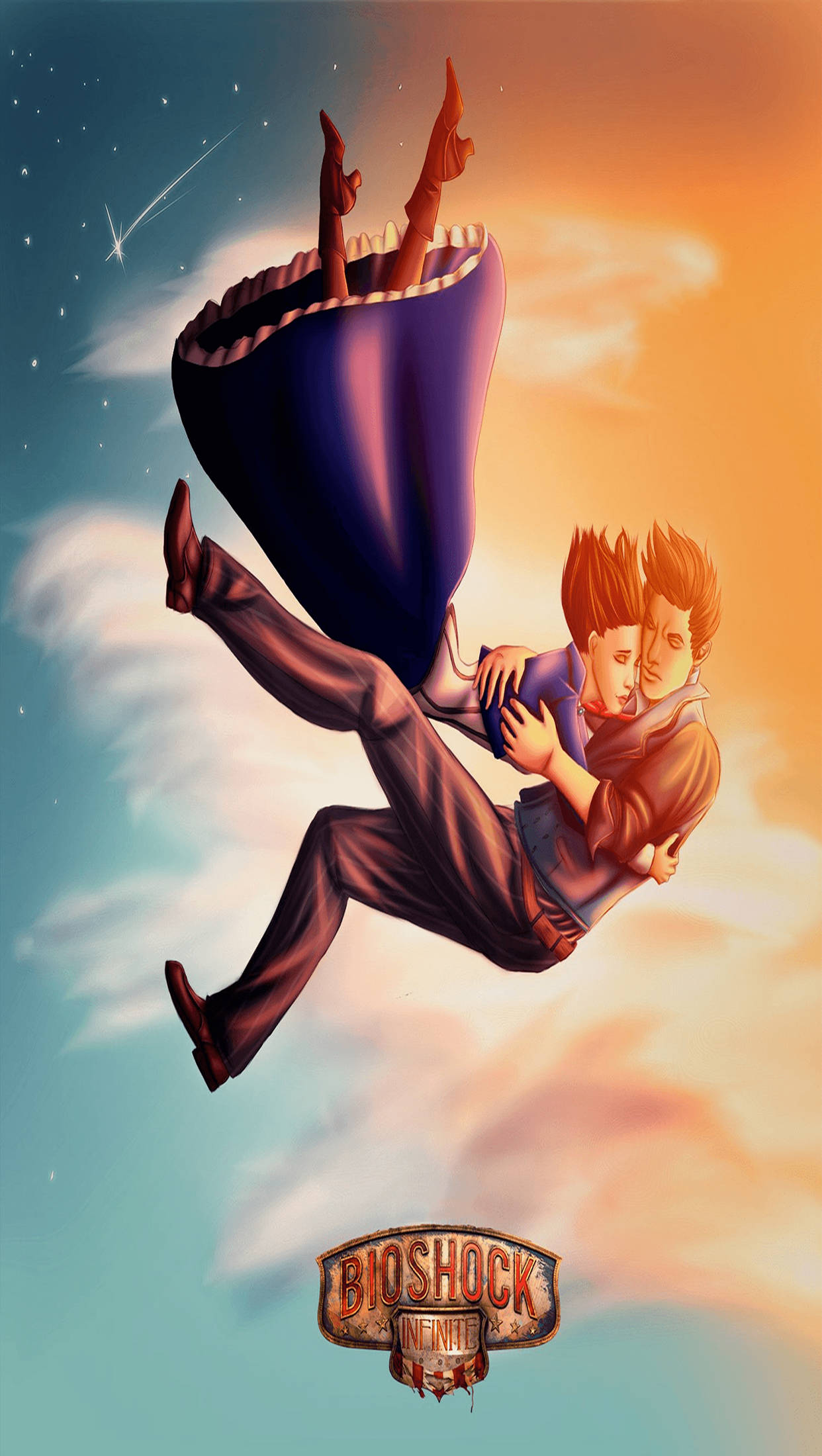 Bioshock Infinite iPhone 桌布 壁紙 — 兩個角色在星空下擁抱飛翔，下方有一個巨大的紫色嘴巴張開。