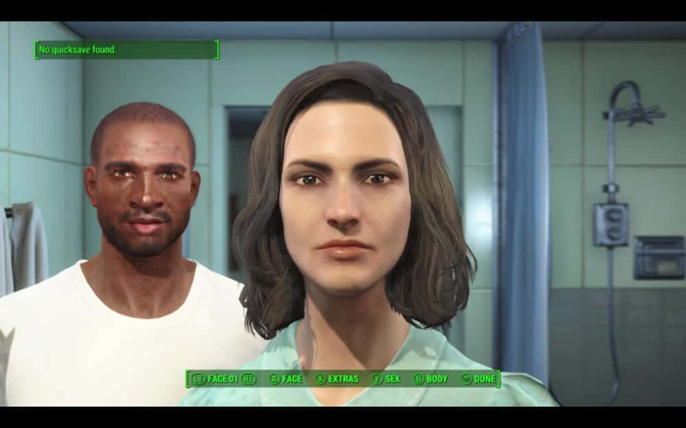 Fallout Characters 桌布 壁紙 — 兩個角色在浴室中，帶有綠色UI覆蓋層進行角色自訂。