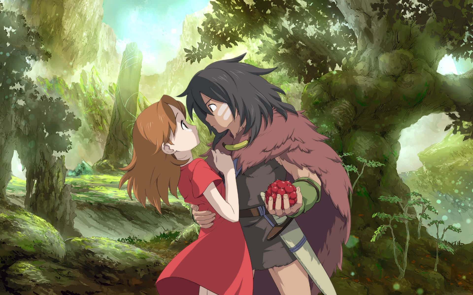 The Secret World Of Arrietty 桌布 壁紙 — 兩個角色在茂密翠綠的森林中，柔和陽光穿過樹木，營造出溫柔的動漫時刻。