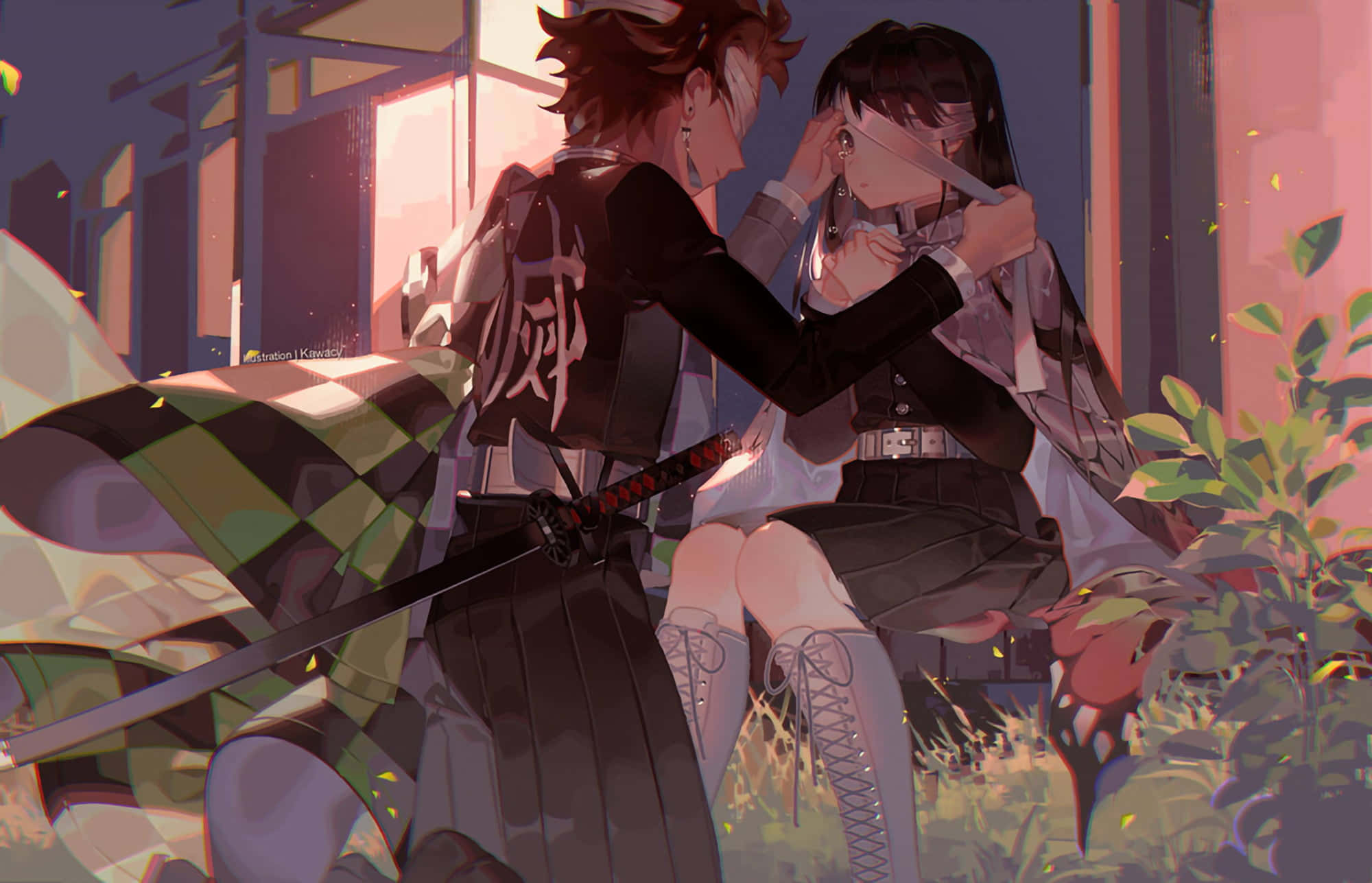Demon Slayer Kanao 桌布 壁紙 — 兩個角色在陽光普照的城市小巷中，落葉飄飄，柔和粉紅光線下的溫馨動漫時刻。