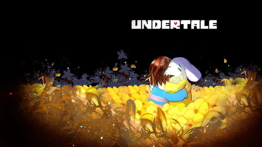 Undertale Desktop 桌布 壁紙 — 兩個角色在黑暗星空下，一片發光的黃色花田中溫暖擁抱，上方有「UNDERTALE」文字。