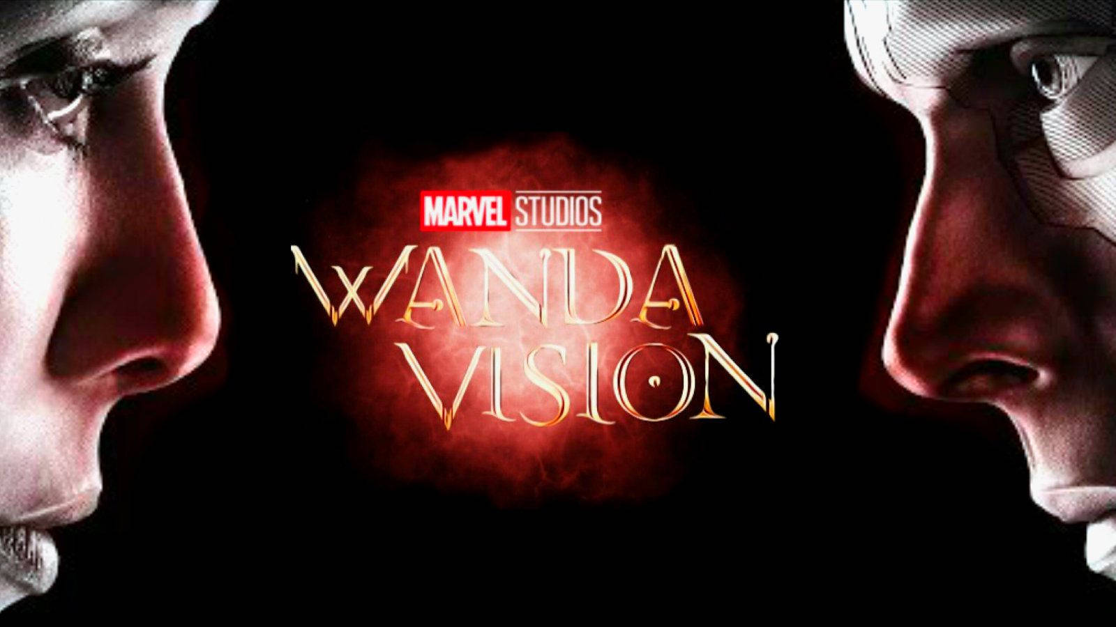 Wandavision 桌布 壁紙 — 兩個角色在黑暗背景上面對面側面，帶有發光的紅色「Wanda Vision」標題。