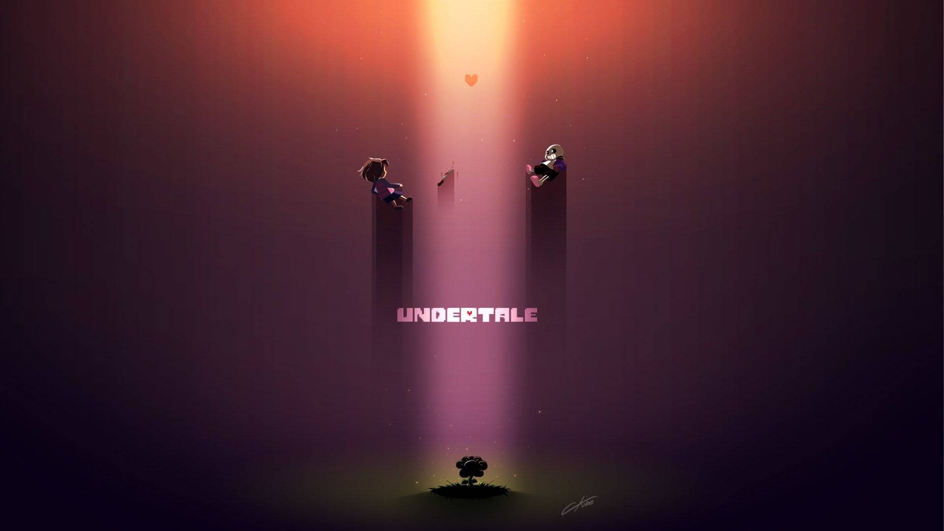 Undertale 桌布 壁紙 — 兩個角色坐在柱子上，沐浴在溫暖的光束中，上方有一顆心，下方發光的undertale字樣。