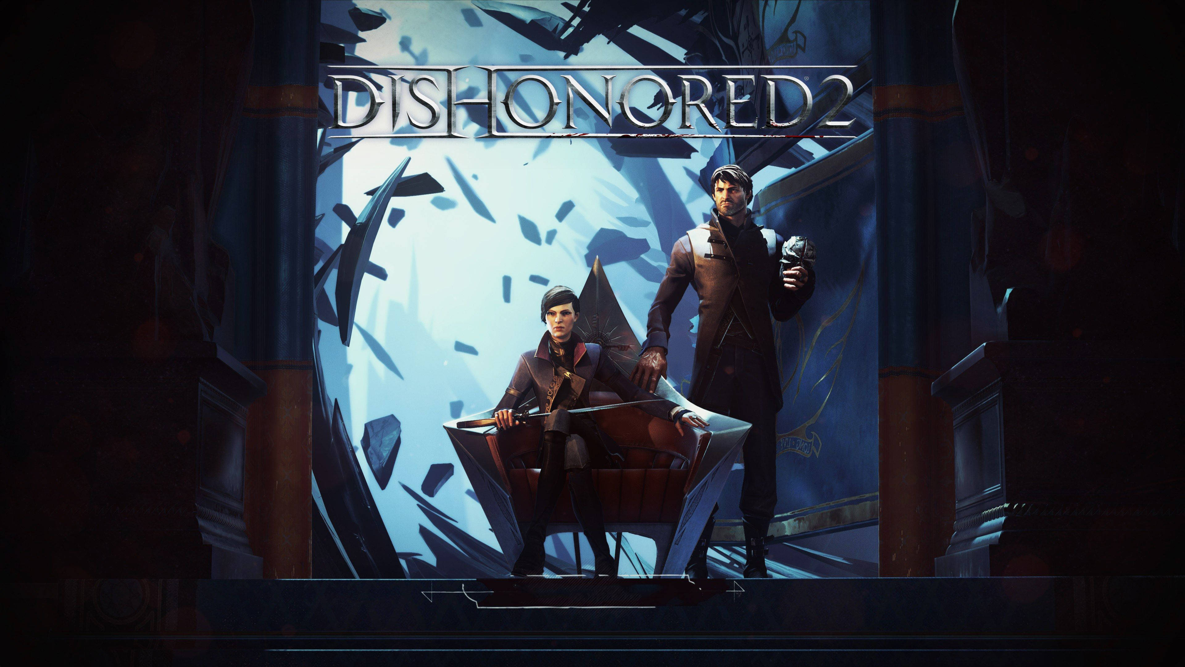 Dishonored 2 桌布 壁紙 — 兩個角色站在一個黑暗哥德式場景中的破碎窗戶前，上方有Dishonored 2標誌。