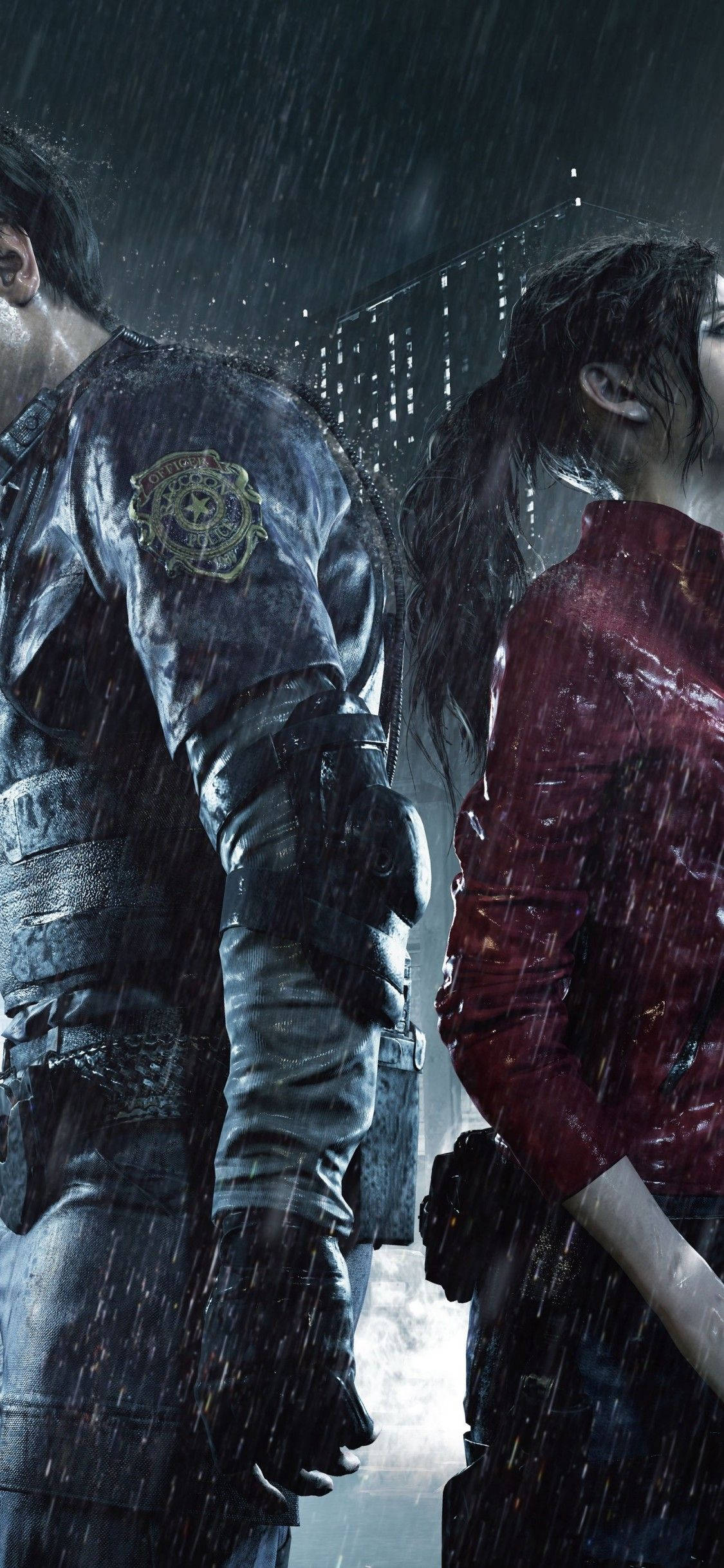 evil 桌布 壁紙 — 兩個角色背對背站在大雨中，背後的城市燈光閃爍。