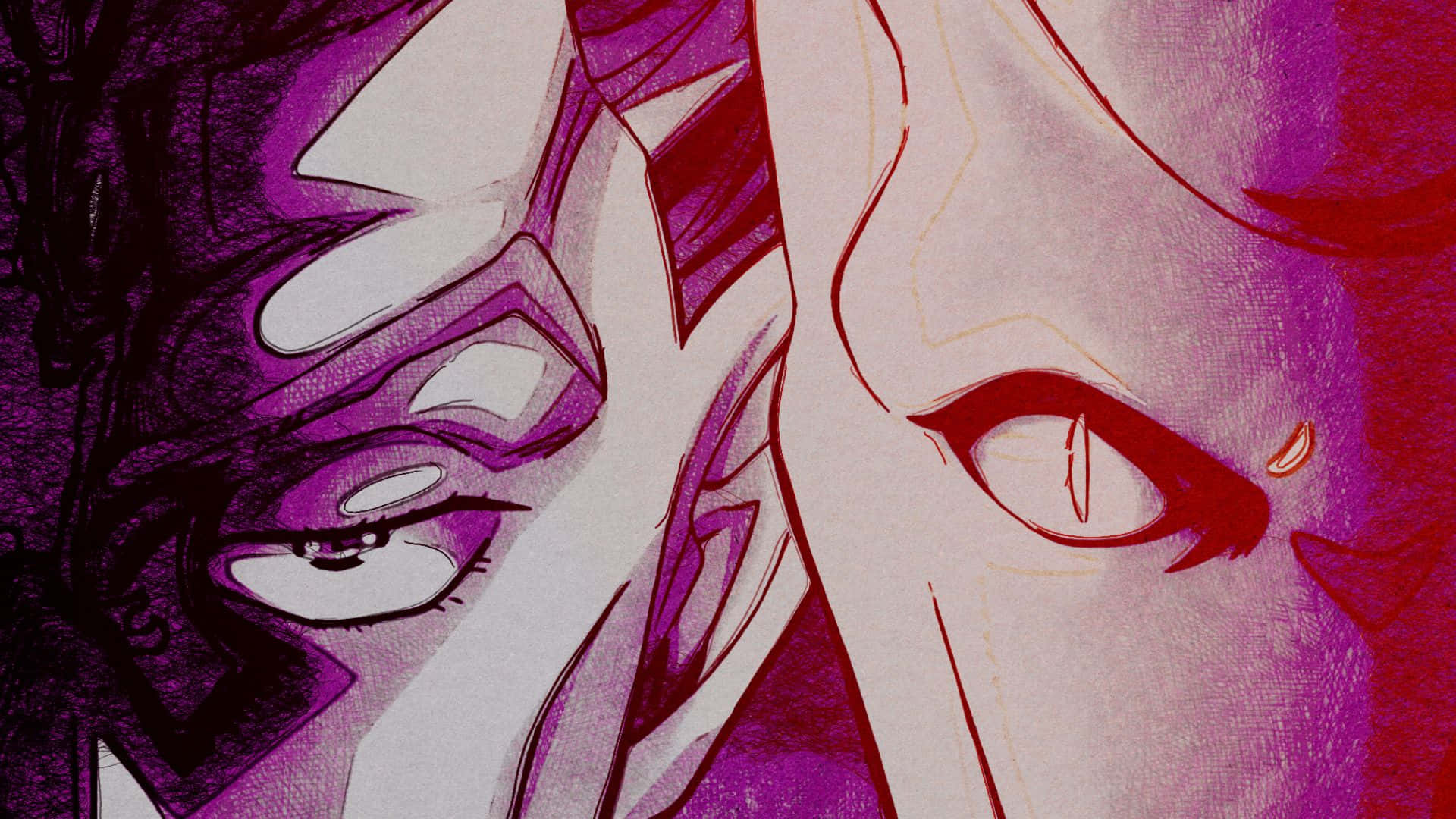 Kira Yoshikage 桌布 壁紙 — 兩個角色臉部的戲劇性動漫風格特寫，採用強烈的紫色和紅色色調，一個流淚，另一個目光銳利。