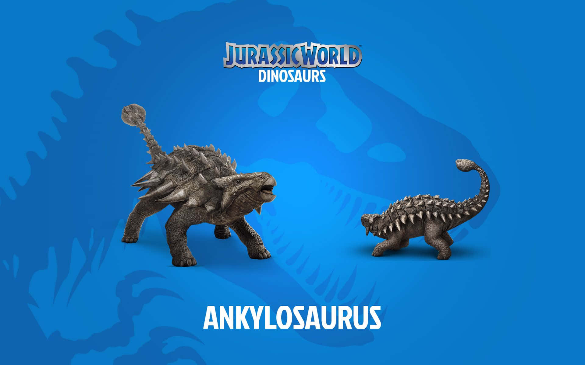 藍色 桌布 壁紙 — 兩個詳細的甲龍模型站在帶有 Jurassic World 品牌的鮮豔藍色背景前。