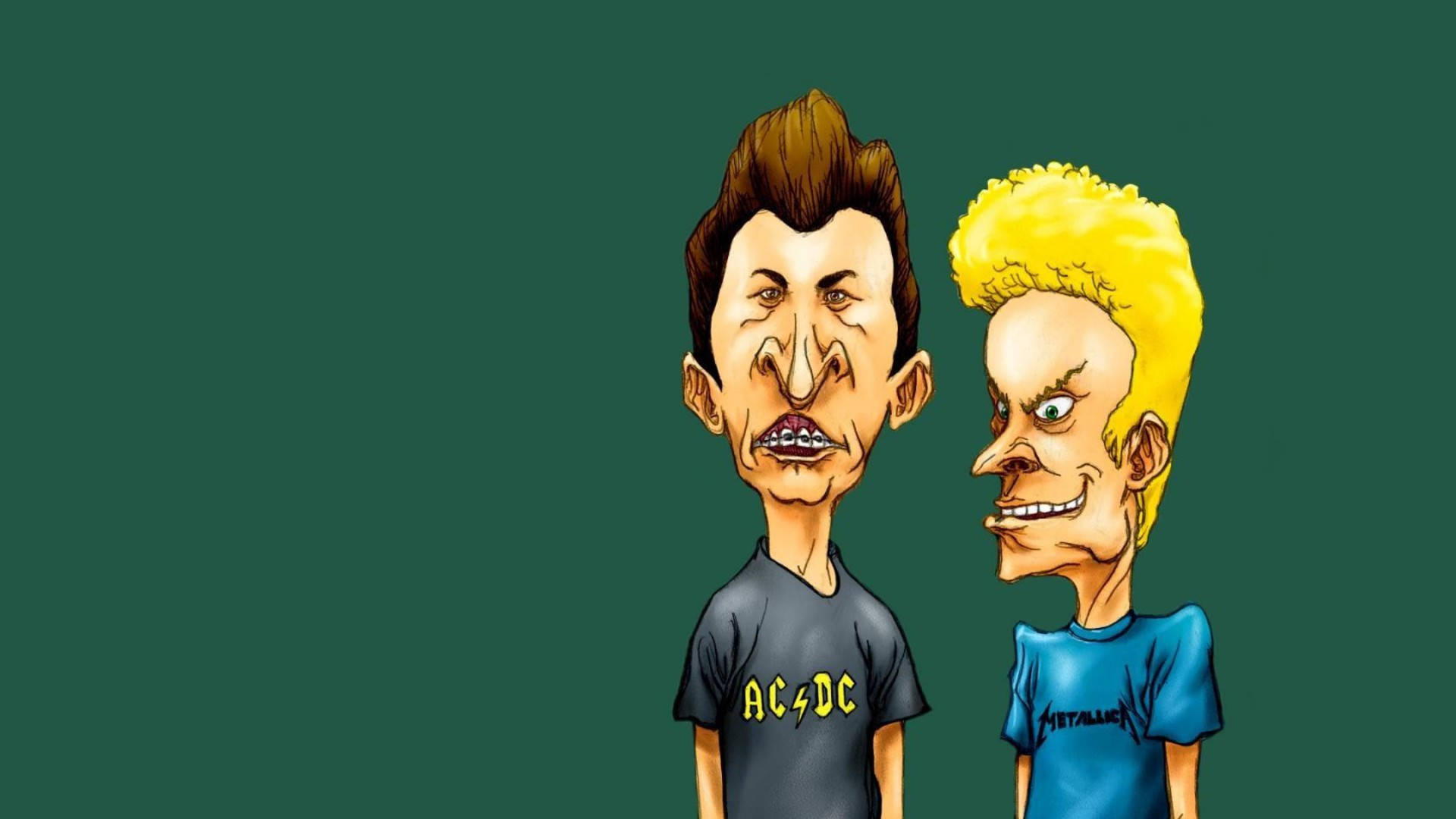 Beavis 桌布 壁紙 — 兩個誇張的卡通搖滾音樂家，頭髮尖刺，表情強烈，站在純綠色背景前。