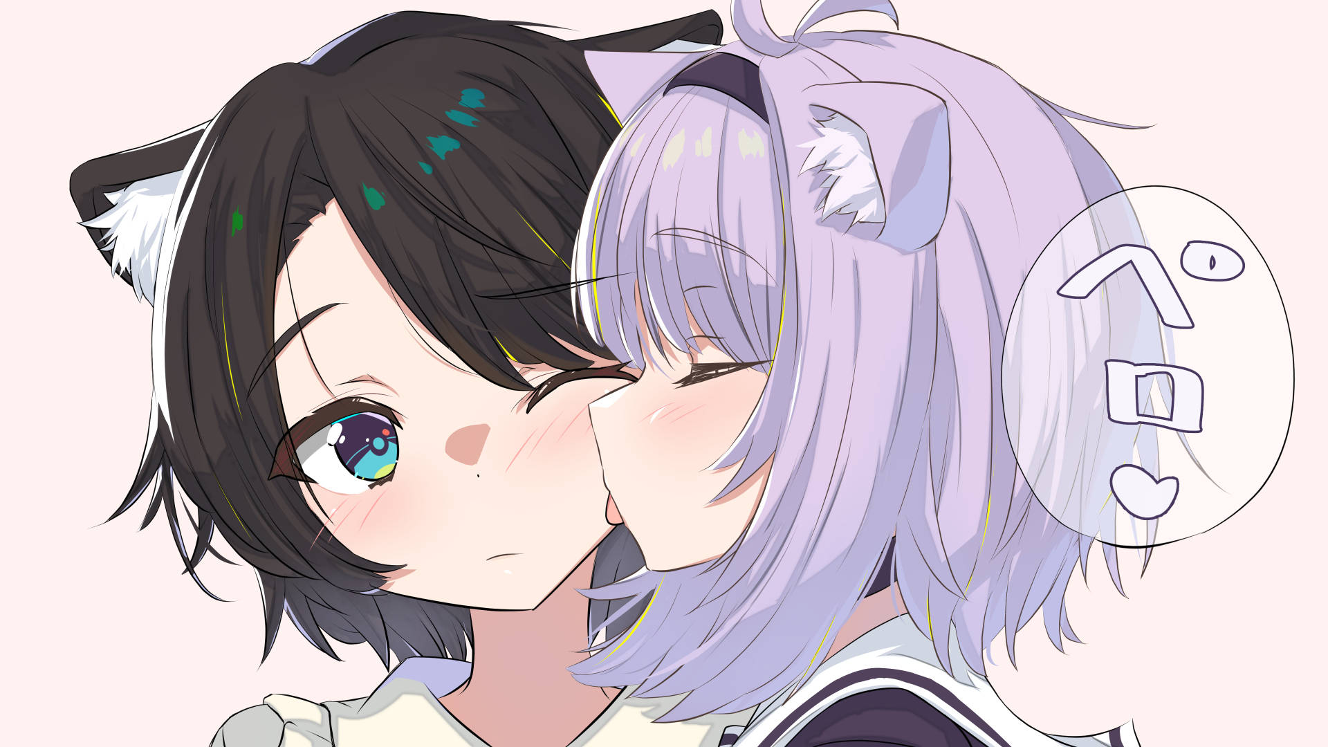 anime kiss 桌布 壁紙 — 兩個貓耳動漫女孩在柔和的粉紅色背景上分享一個溫柔的吻。