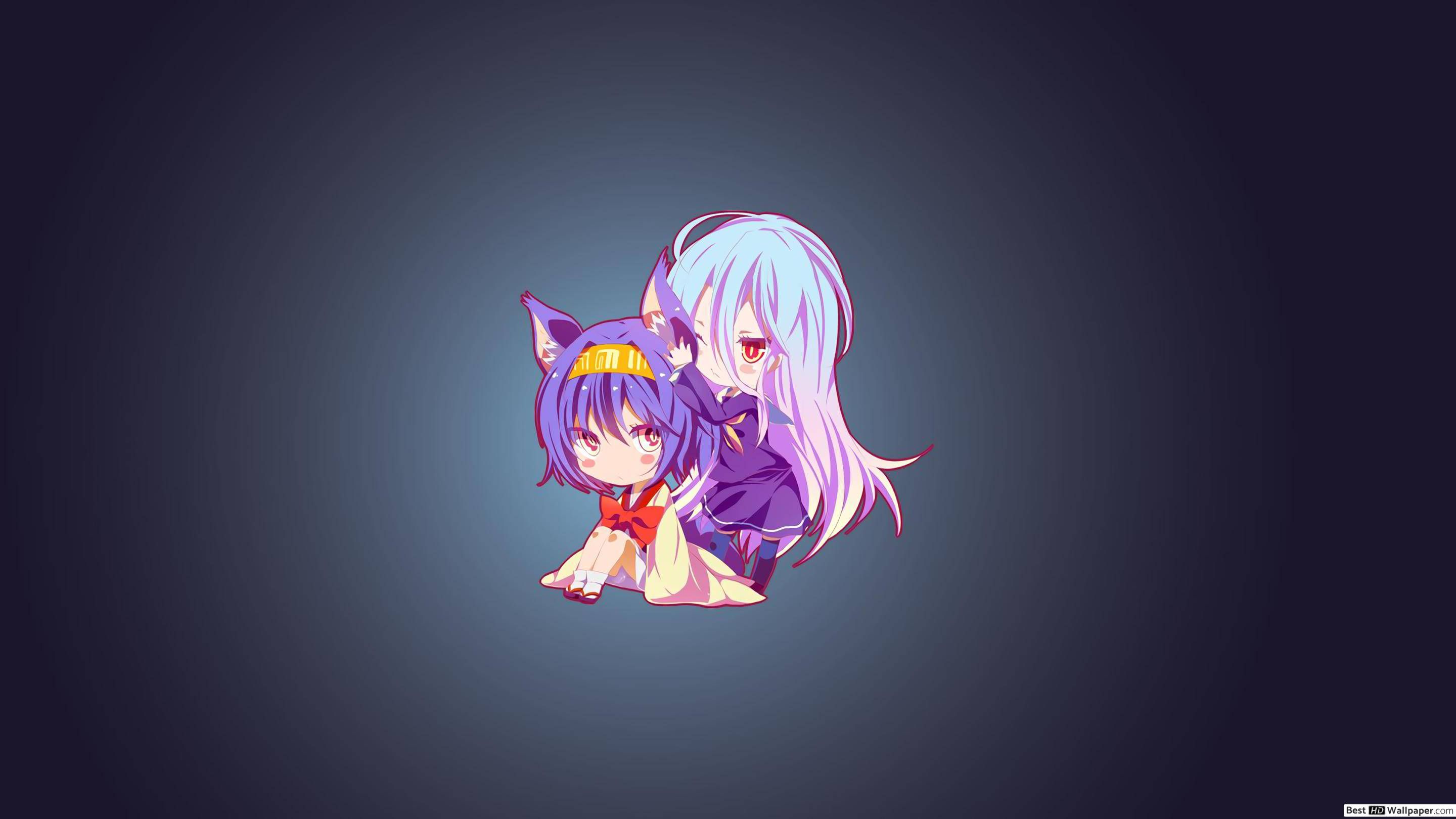 game 桌布 壁紙 — 兩個貓耳蘿莉動漫女孩在深色漸變背景前緊緊擁抱。