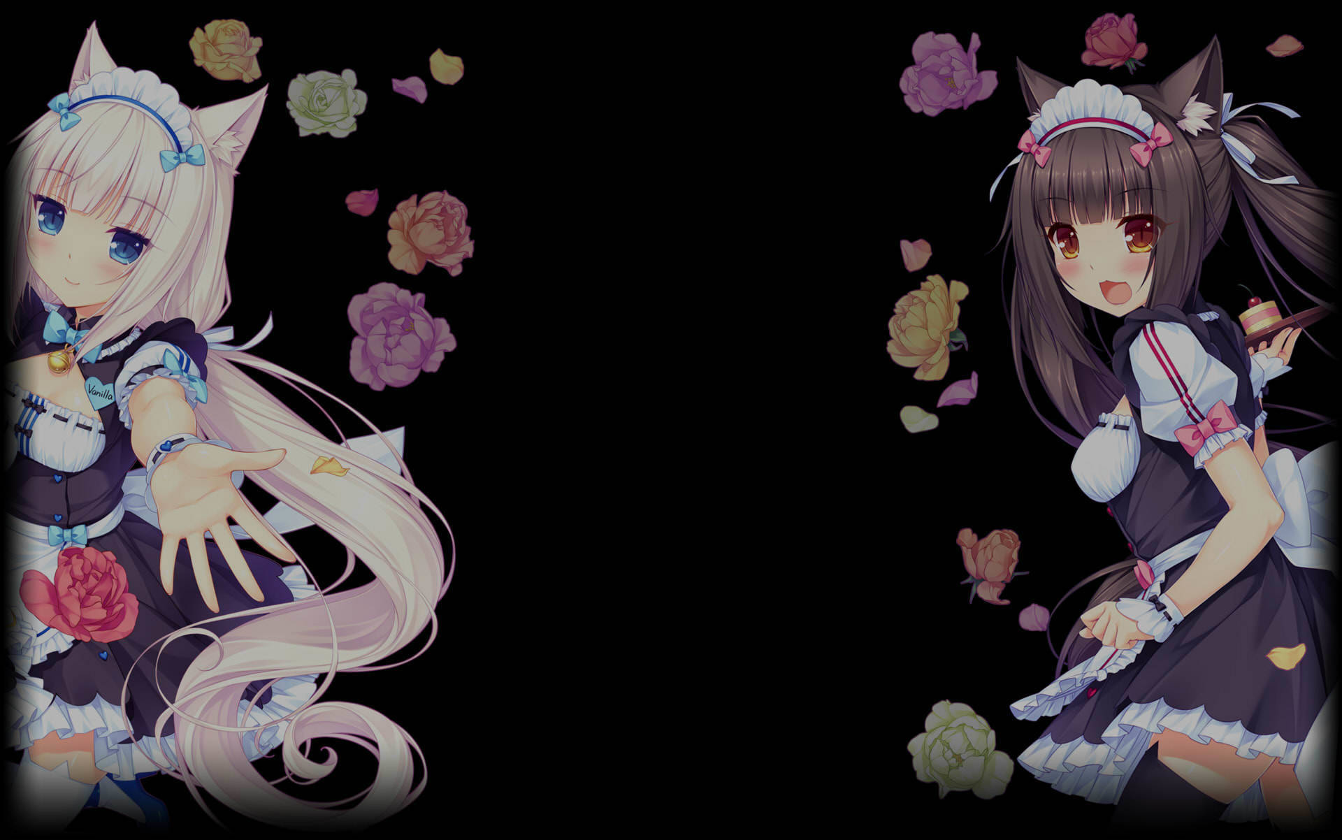 Nekopara 桌布 壁紙 — 兩個貓耳長髮飄逸的女僕動漫女孩，被漂浮的玫瑰環繞，背景為深色。