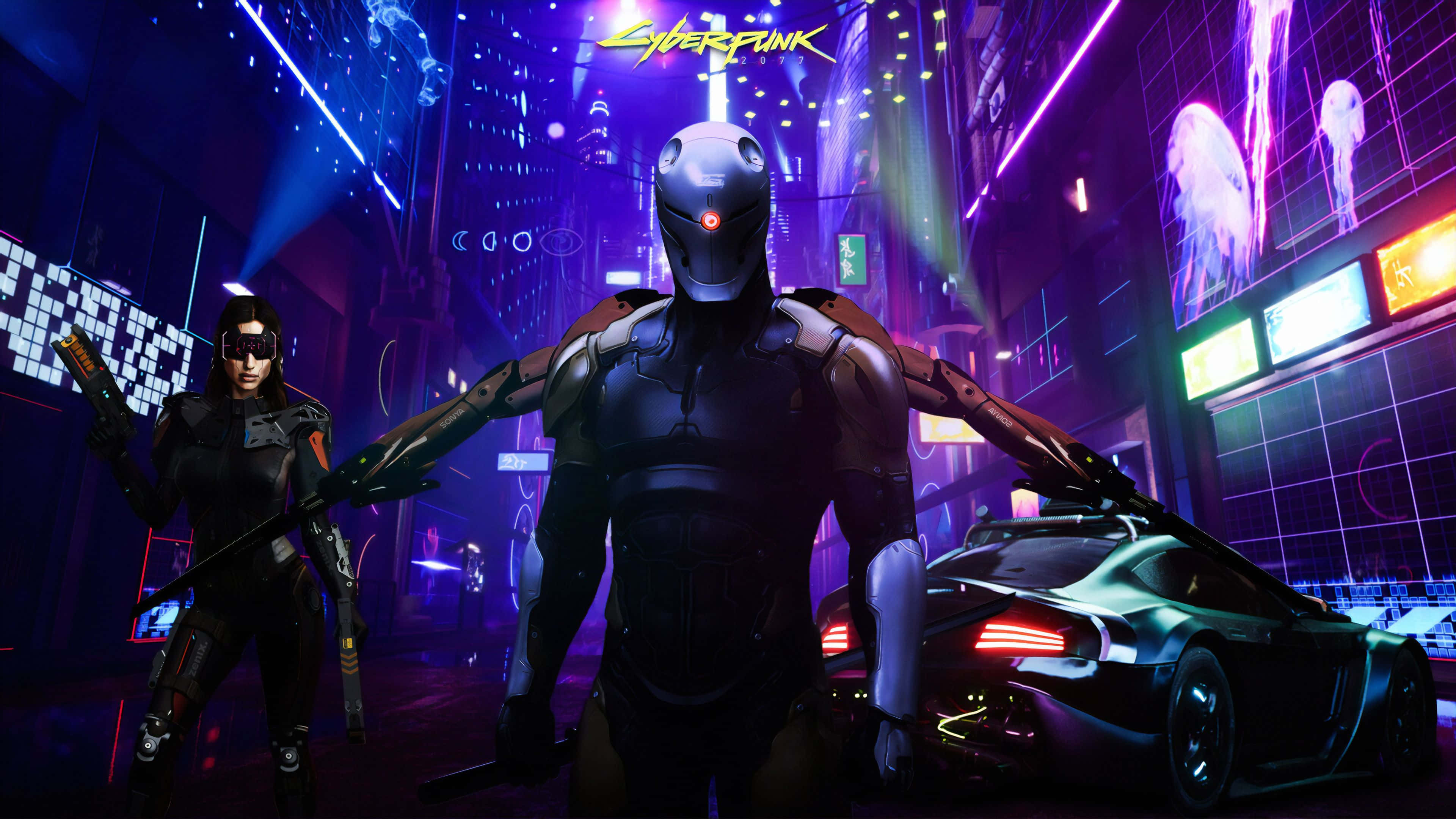 Dark Cyberpunk 桌布 壁紙 — 兩個賽博格人物站在霓虹燈閃爍的未來城市街道上，旁邊是一輛在充滿活力的紫色和藍色燈光下閃閃發光的跑車。