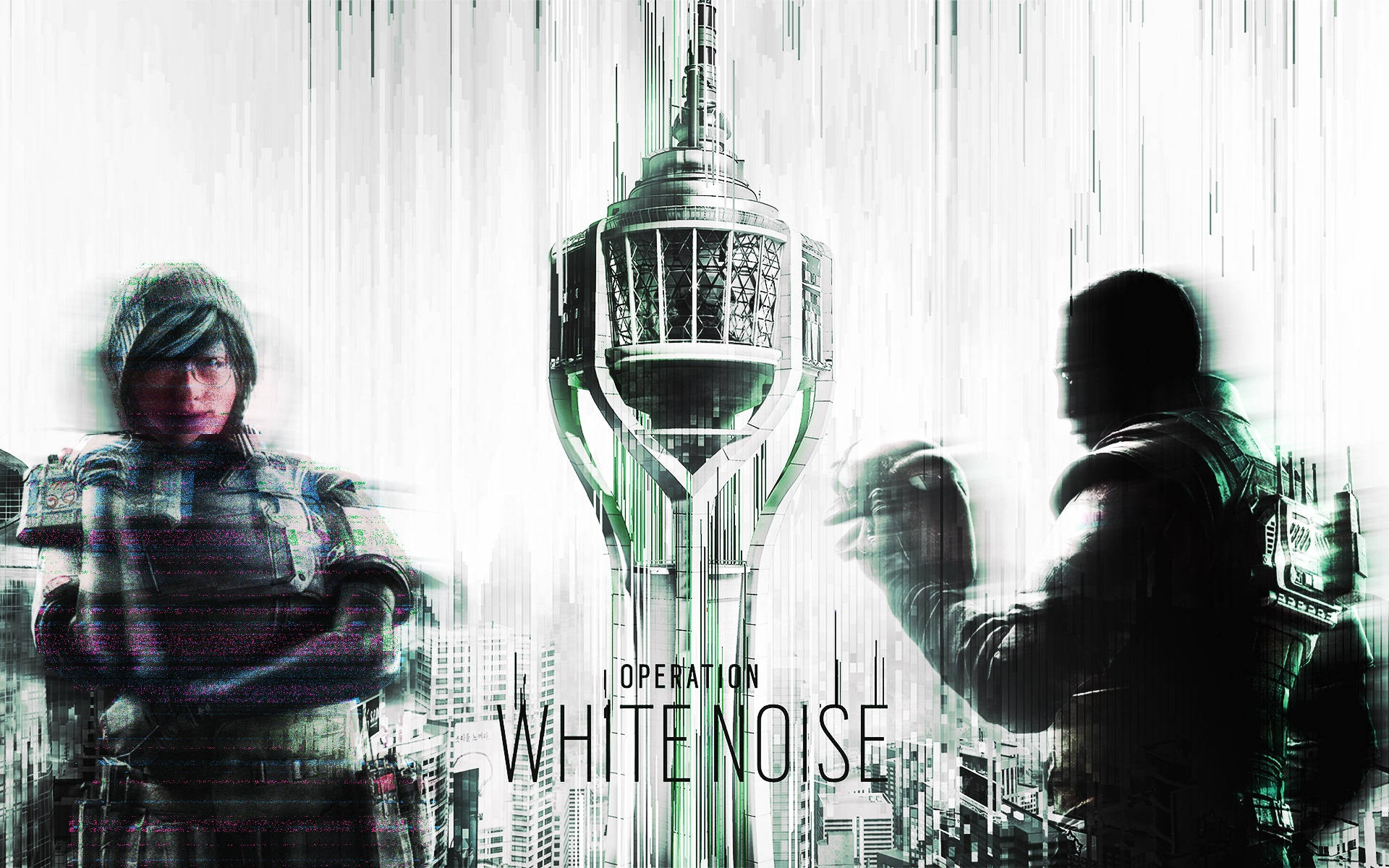 dokkaebi rainbow six siege 桌布 壁紙 — 兩個賽博龐克人物在帶有數位雨效果的故障城市景觀中，夾峙著一座高聳的未來主義尖塔。