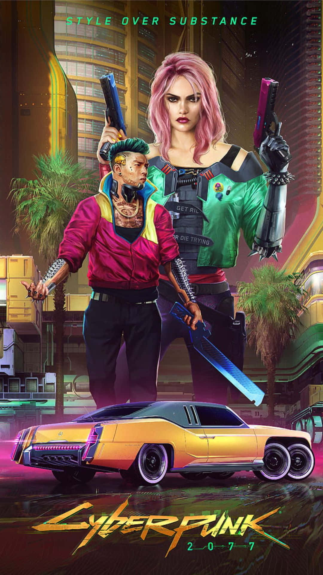 Cyberpunk 2077 Characters 桌布 壁紙 — 兩個賽博龐克角色，擁有霓虹色頭髮和武器，站在一輛發光的黃色汽車旁邊，背景是未來主義的城市景觀。