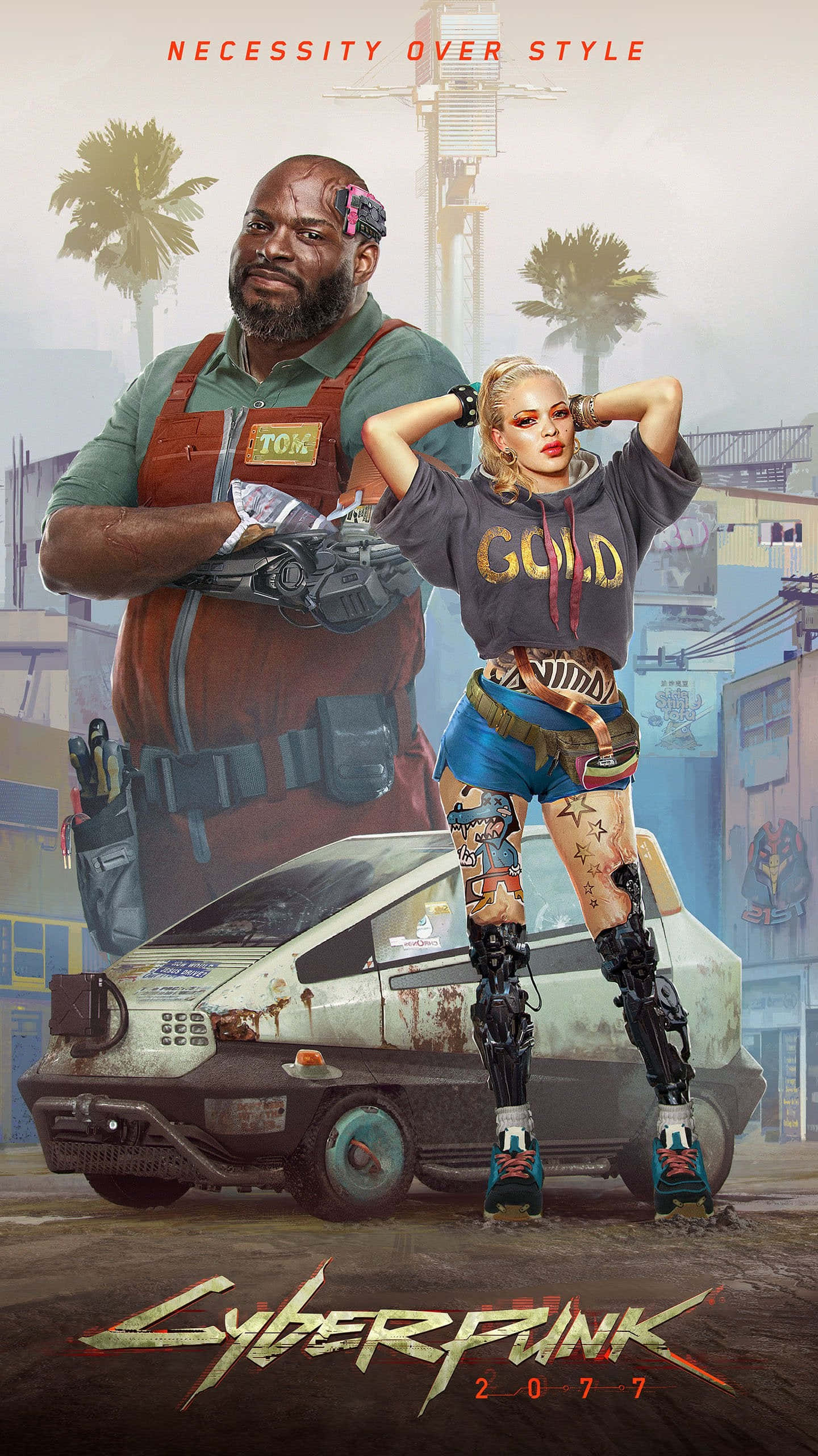 Pixel 3 Cyberpunk 2077 桌布 壁紙 — 兩個賽博龐克角色自信地站在一輛改裝車旁，背景是佈滿棕櫚樹和霓虹燈的骯髒城市小巷。