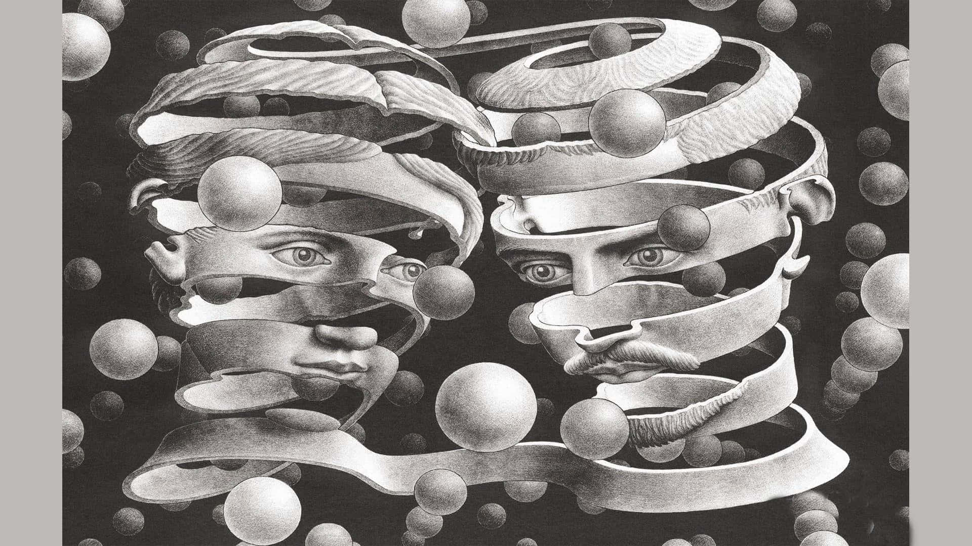 escher 桌布 壁紙 — 兩個超現實、破碎的人頭，纏繞著螺旋絲帶和漂浮球體，單色。