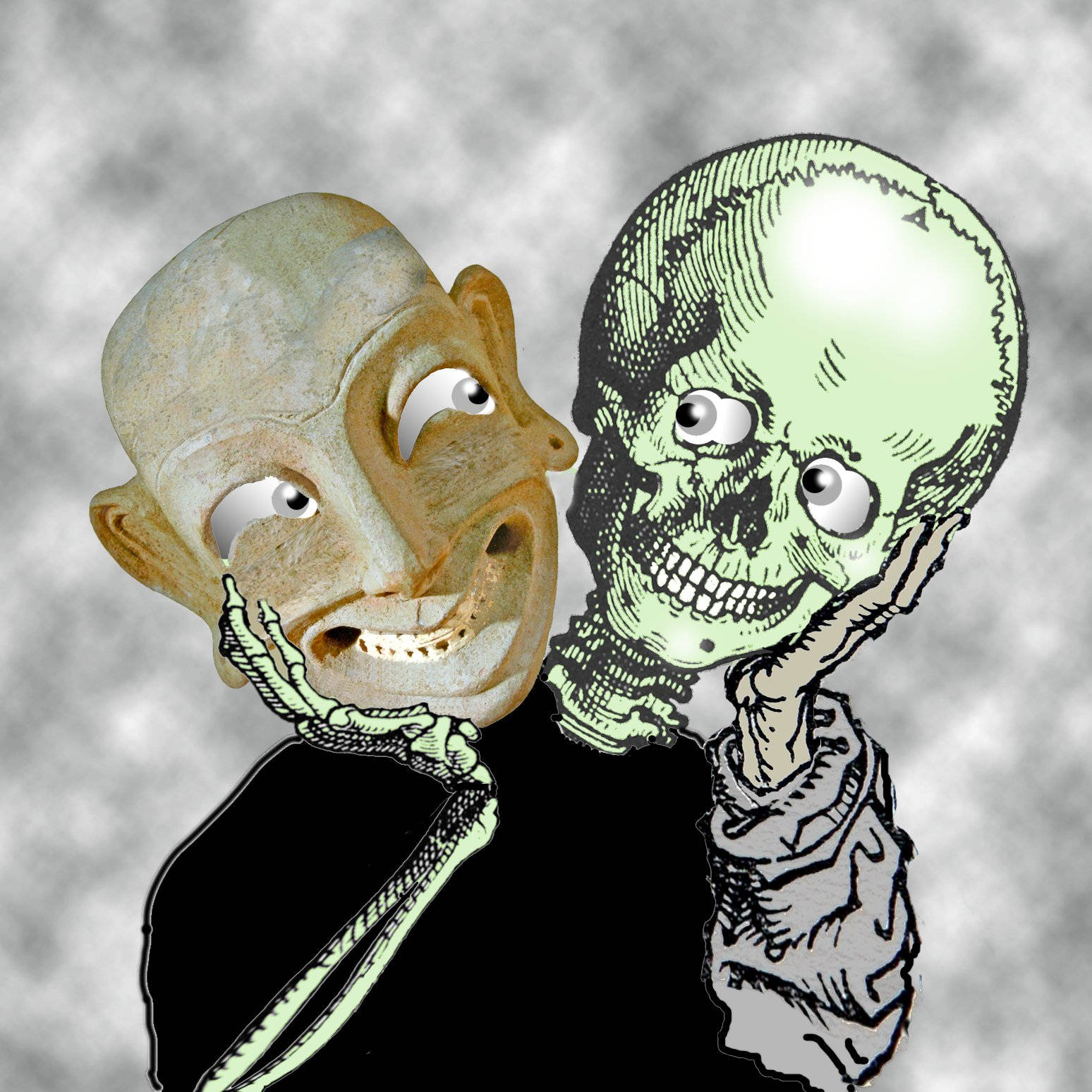 藝術 桌布 壁紙 — 兩個超現實人物——一個紋理骷髏臉的男人，另一個卡通綠色骷髏——都微笑著並拿著自己的頭骨。