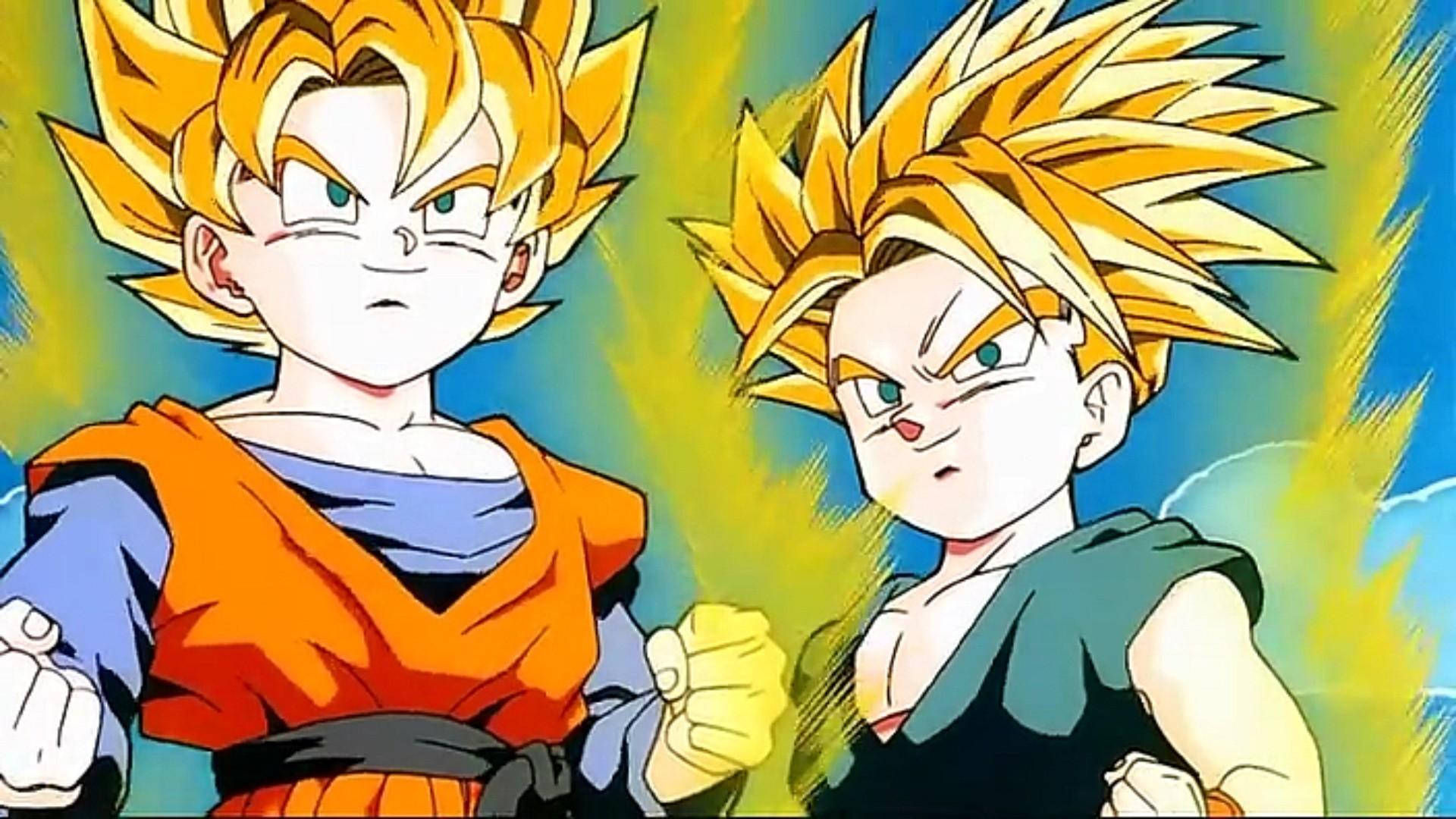 Goten 桌布 壁紙 — 兩個超級賽亞人動畫角色，擁有尖刺金色頭髮和強烈表情，準備在充滿活力的黃色和藍色背景前戰鬥。