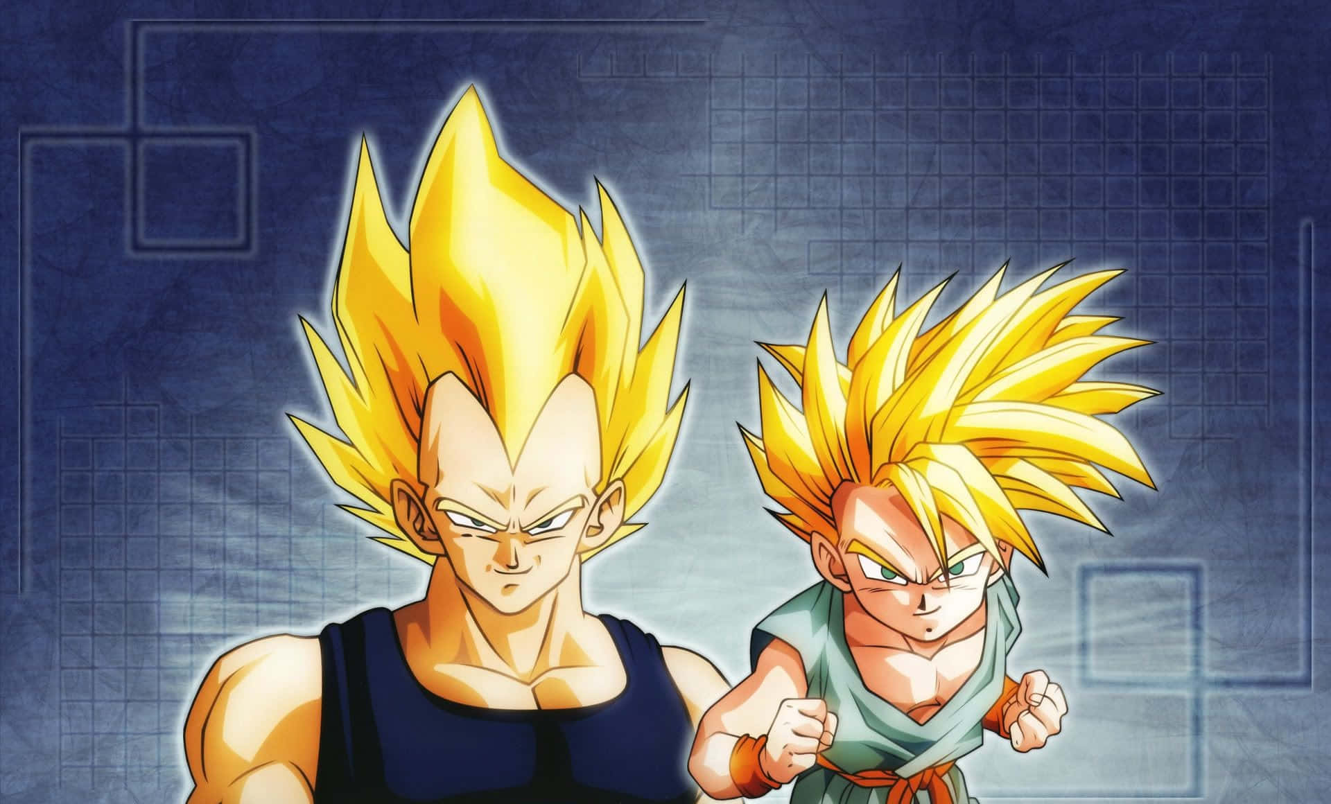 Vegeta And Trunks 桌布 壁紙 — 兩個超級賽亞人動畫角色，擁有尖刺金色頭髮，在藍色網格背景前準備戰鬥。