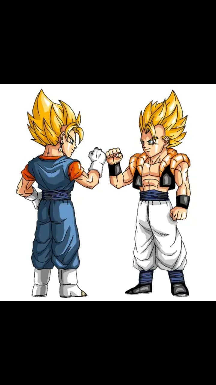 Gogeta And Vegito 桌布 壁紙 — 兩個超級賽亞人動畫角色在純白色背景前進行緊張的拳頭碰撞對峙。
