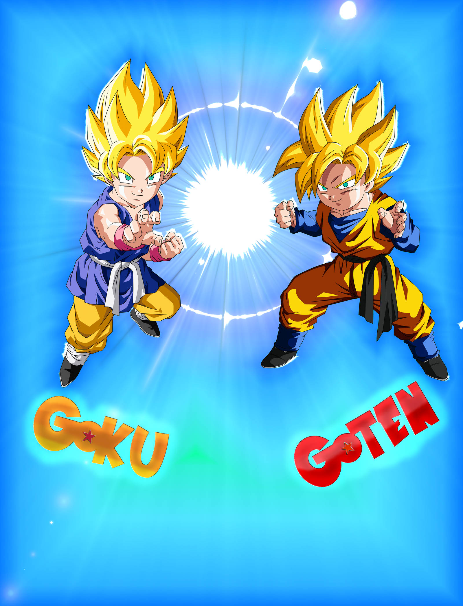 Goten 桌布 壁紙 — 兩個超級賽亞人少年悟空和悟天在半空中對峙，能量波碰撞，背景是明亮的藍天。