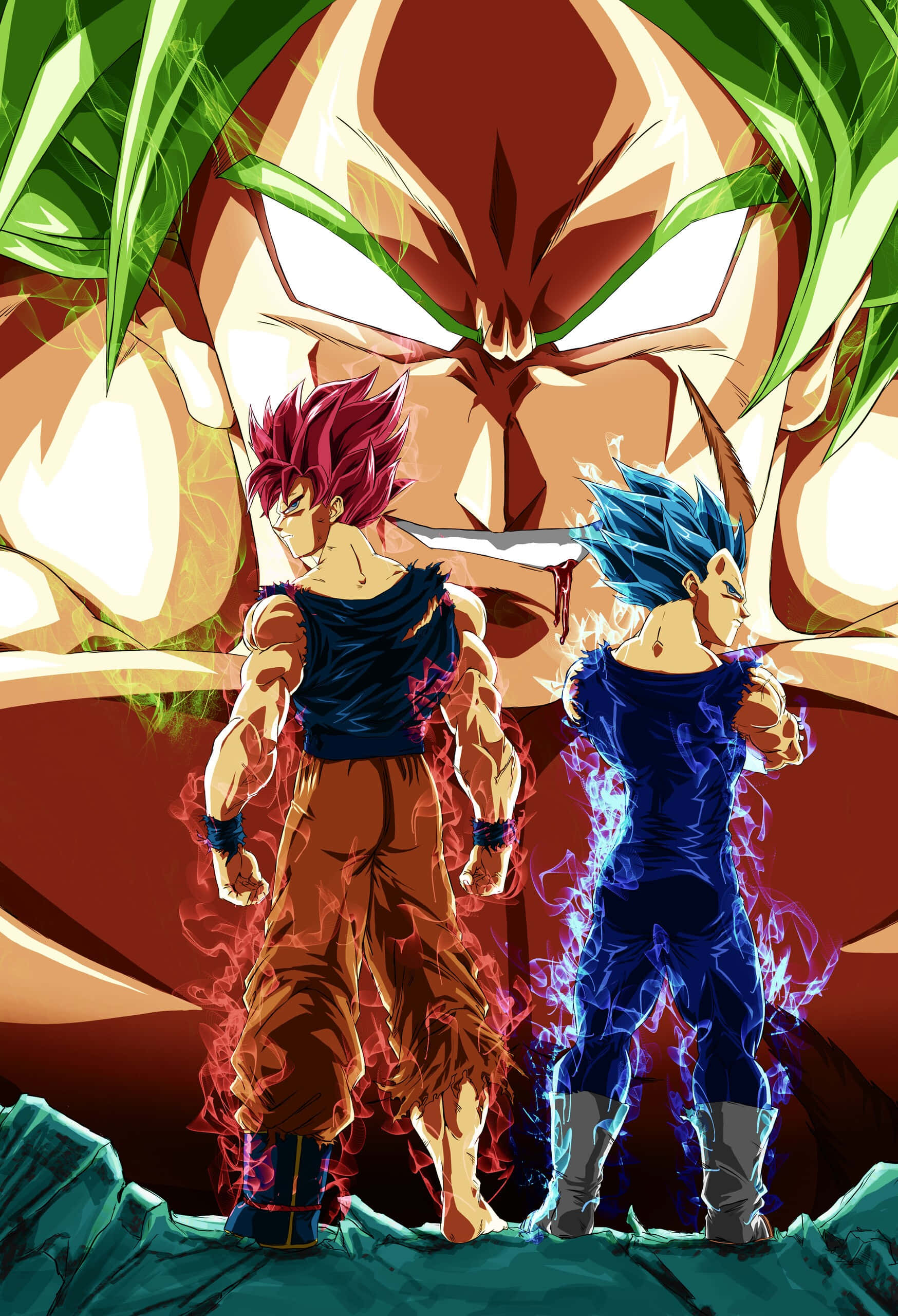 Vegeta And Broly 桌布 壁紙 — 兩個超級賽亞人形態的賽亞人戰士，挑釁地站在一個巨大憤怒、眼睛發光、綠髮的臉孔前。