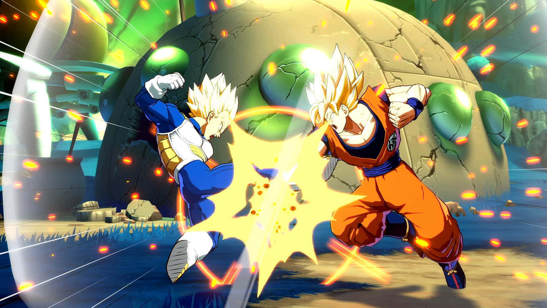 Dbz Video Games 桌布 壁紙 — 兩個超級賽亞人戰士在一個佈滿裂縫的星球上，伴隨著漂浮的綠色球體，於發光的能量爆發中碰撞。
