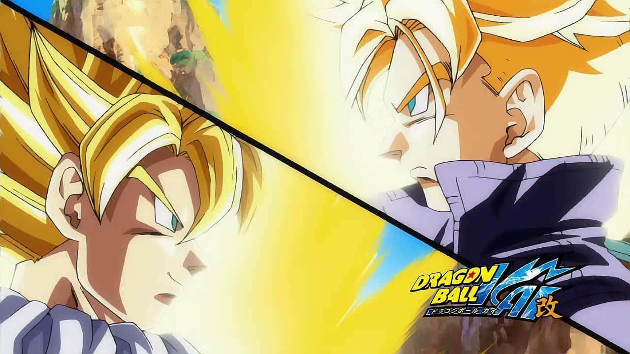 Dragon Ball Z Kai 桌布 壁紙 — 兩個超級賽亞人角色在充滿動感的動畫戰鬥場景中對峙，帶有明亮的黃色能量和粗線條。