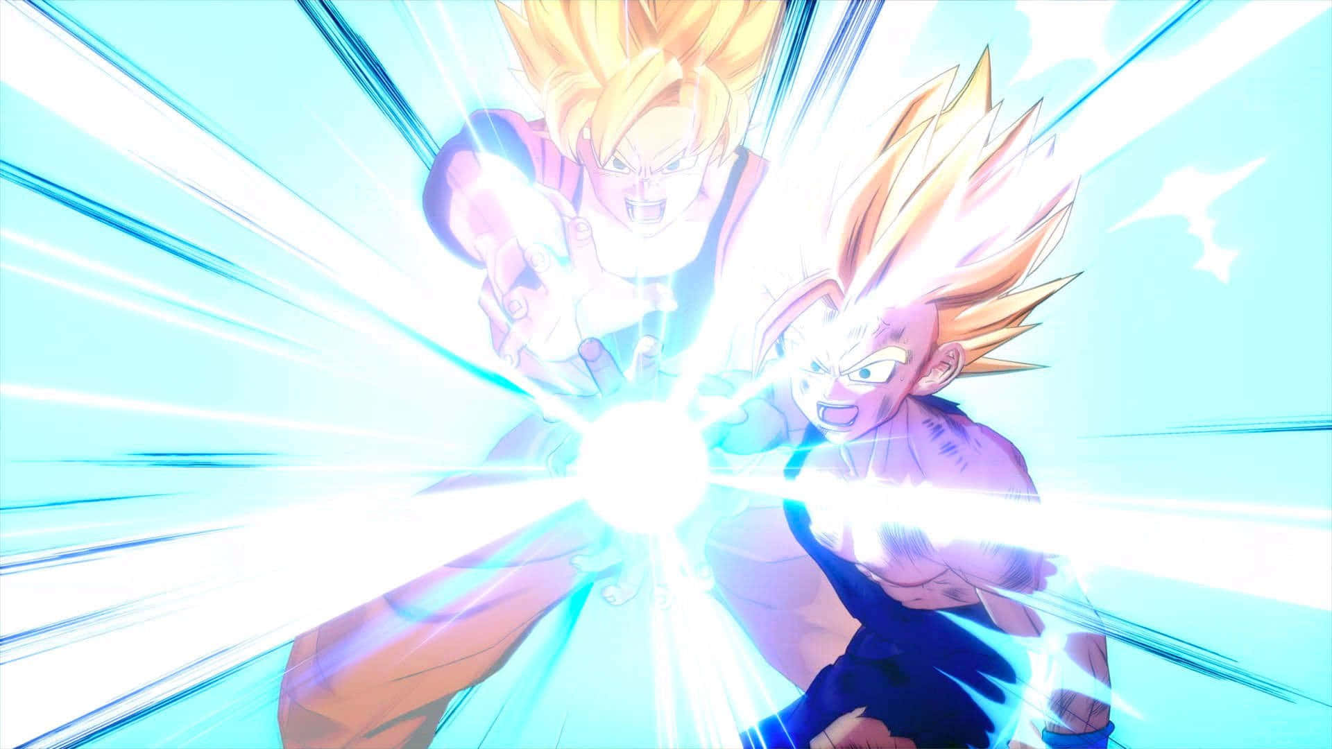 Dbz 桌布 壁紙 — 兩個超級賽亞人角色在明亮的天空背景下，於耀眼的藍色能量爆發中碰撞。