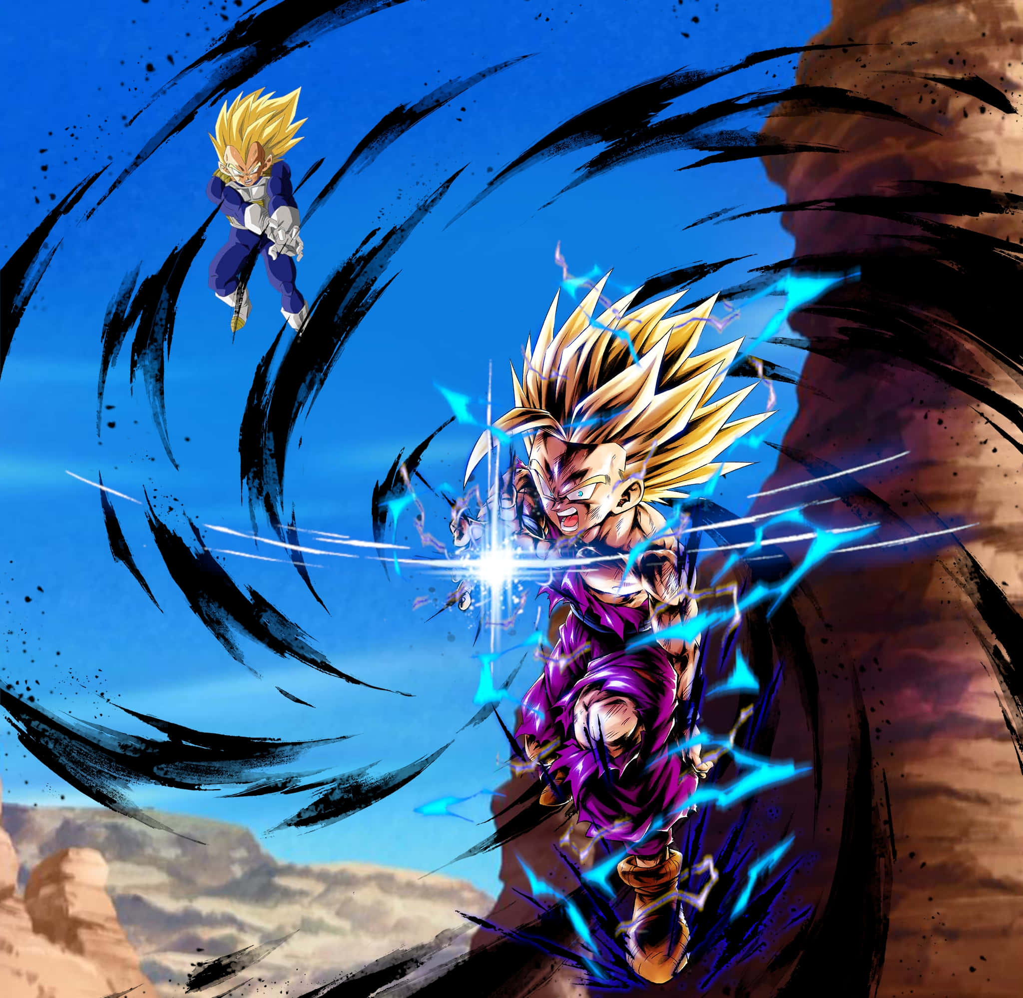 Vegeta Super Saiyan 2 桌布 壁紙 — 兩個超級賽亞人角色在沙漠峽谷背景下，以藍色能量光束和黑色動態條紋在半空中碰撞。