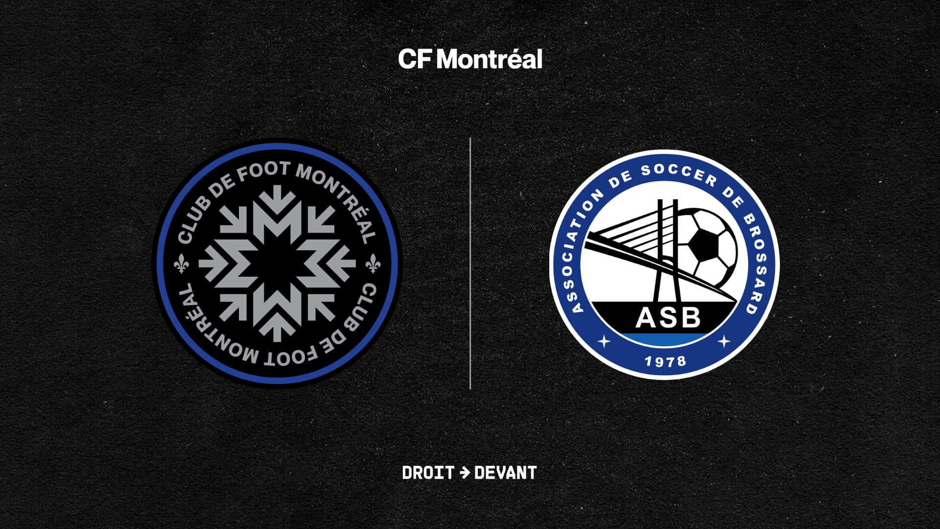 足球 桌布 壁紙 — 兩個足球隊標誌 CF Montréal 和 ASB 並排顯示在帶紋理的黑色背景上。
